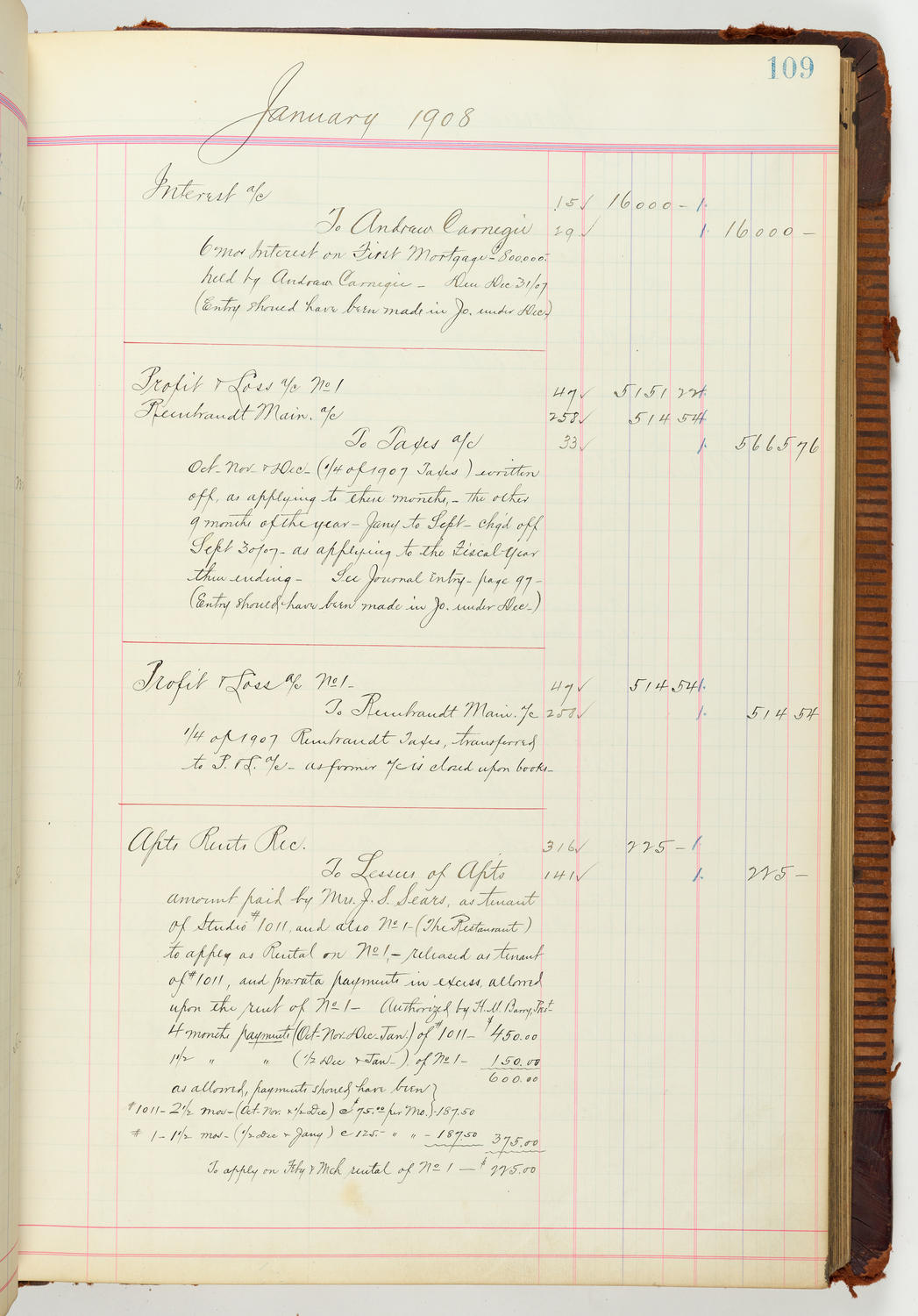 Music Hall Accounting Ledger Journal, volume 7, page 109