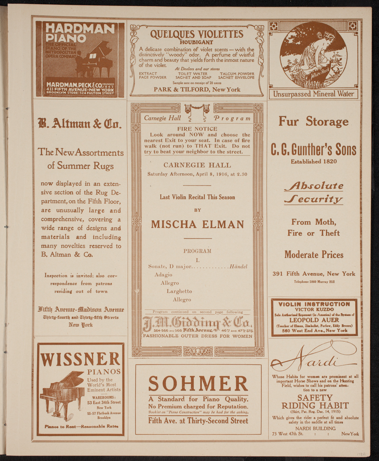 Mischa Elman, Violin, April 8, 1916, program page 5