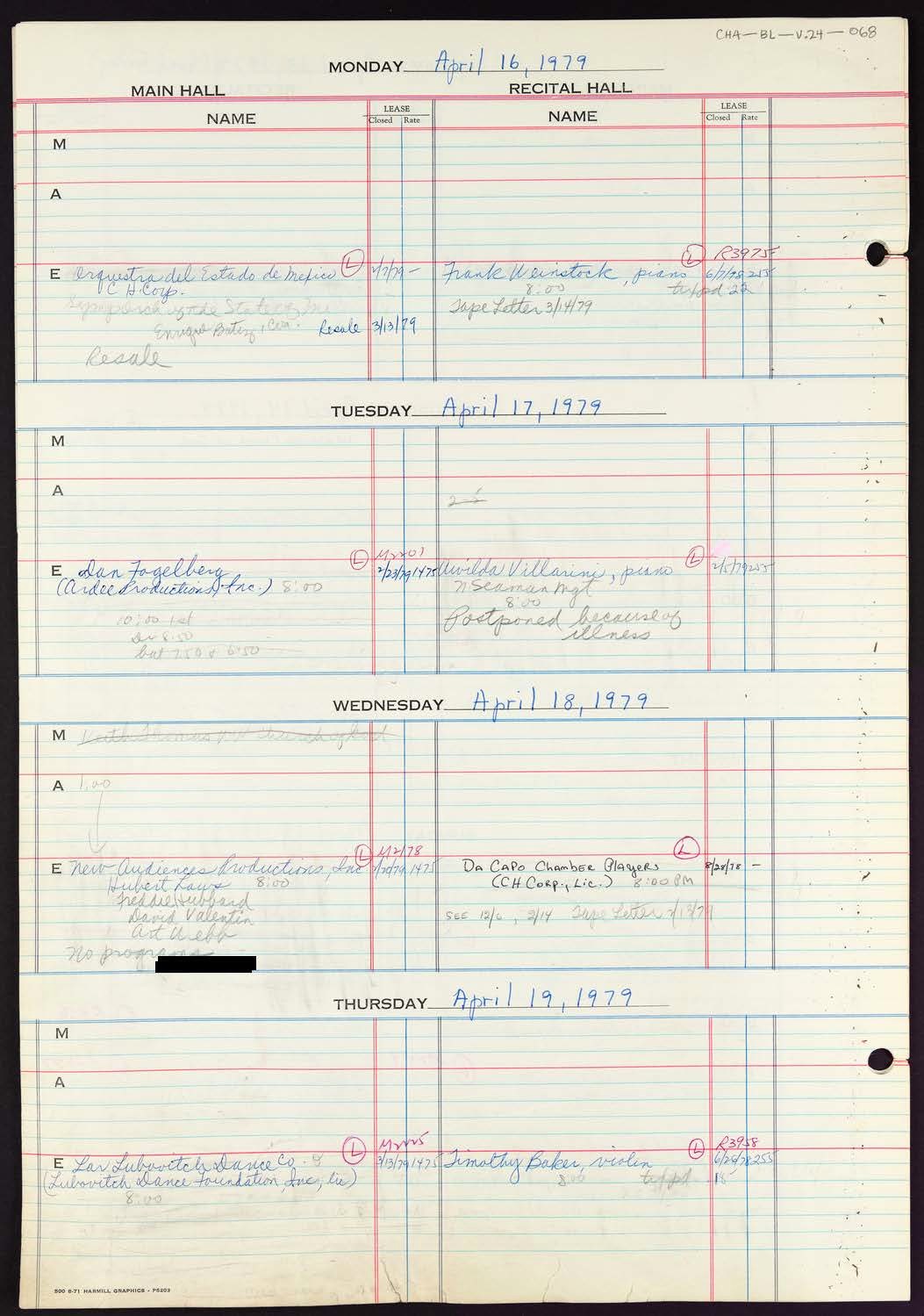 Carnegie Hall Booking Ledger, volume 24, page 68