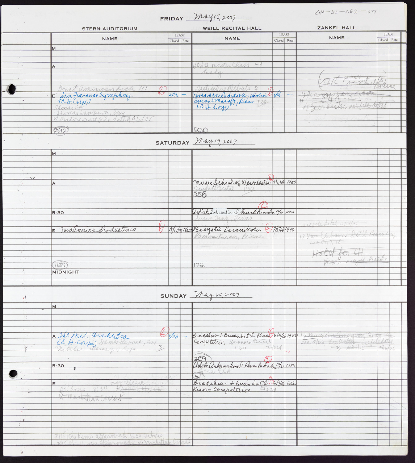 Carnegie Hall Booking Ledger, volume 52, page 77