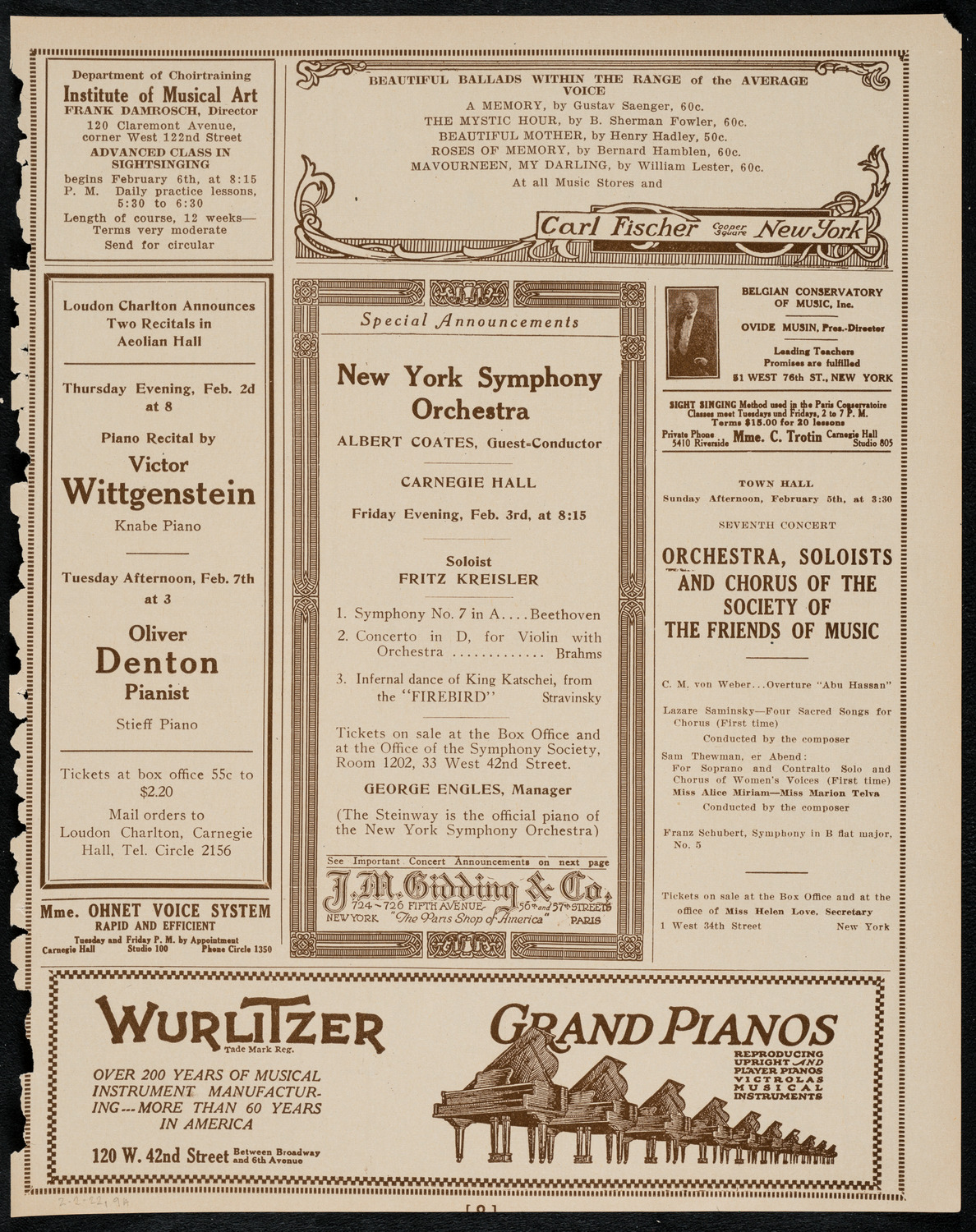 New York Symphony Orchestra, February 2, 1922, program page 9