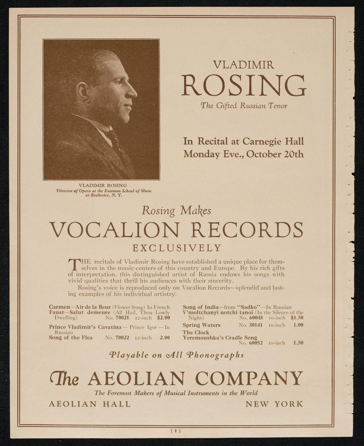 Vladimir Rosing, Tenor, October 20, 1924, program page 2