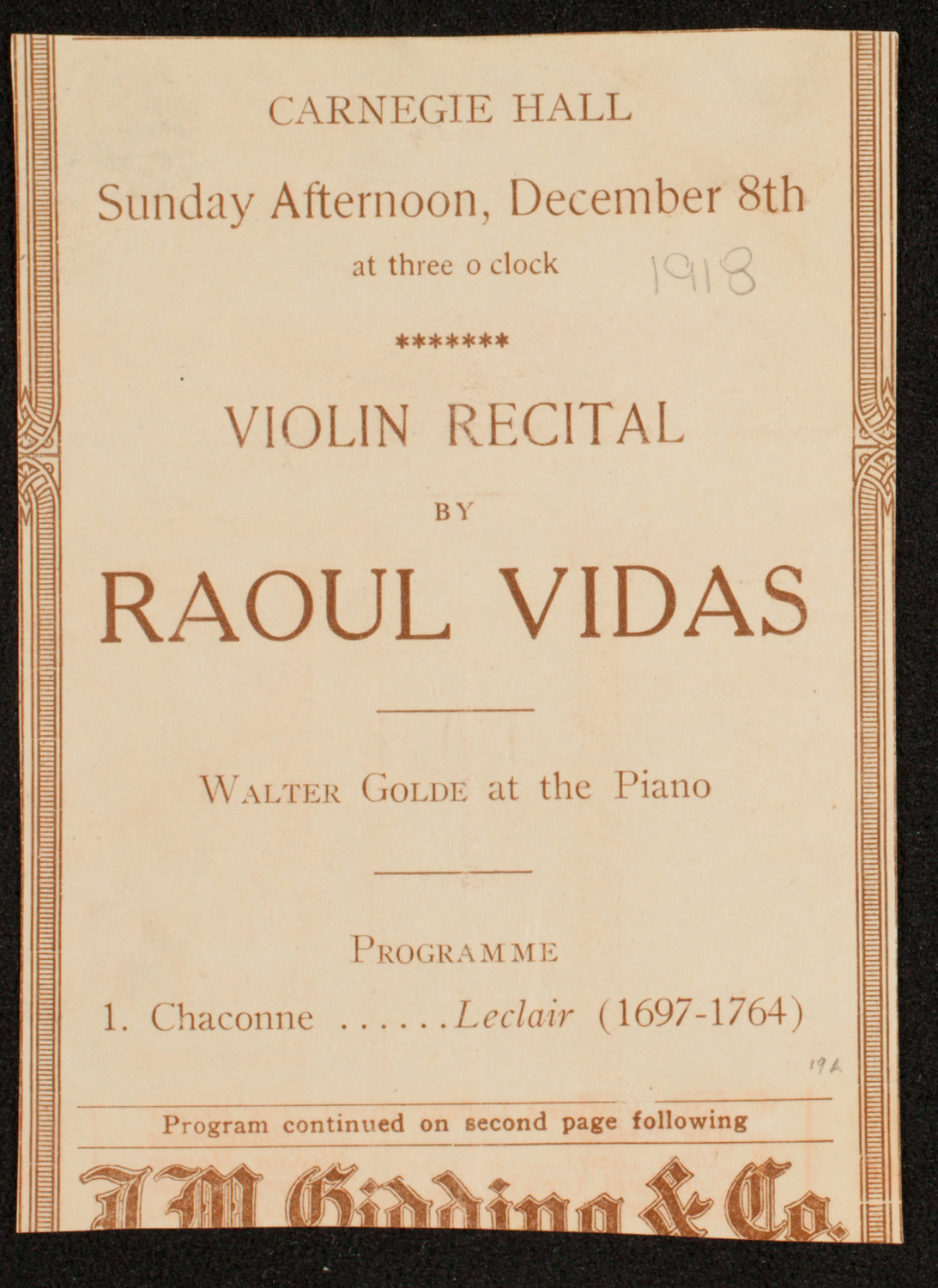 Raoul Vidas, Violin, December 8, 1918, program page 1