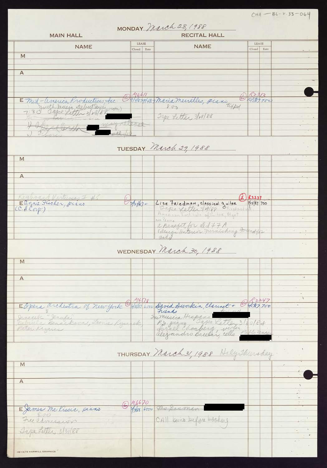 Carnegie Hall Booking Ledger, volume 33, page 64