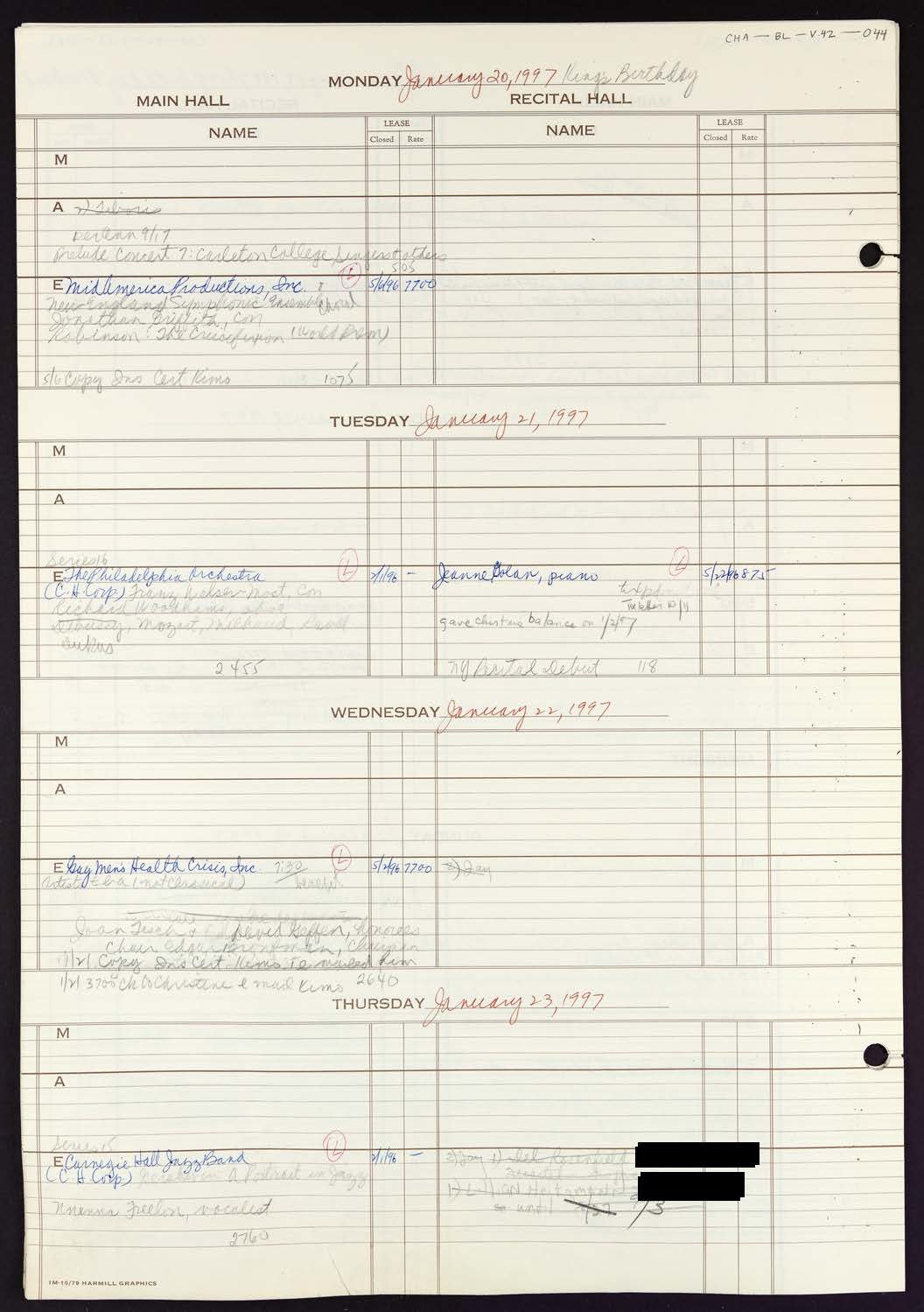 Carnegie Hall Booking Ledger, volume 42, page 44