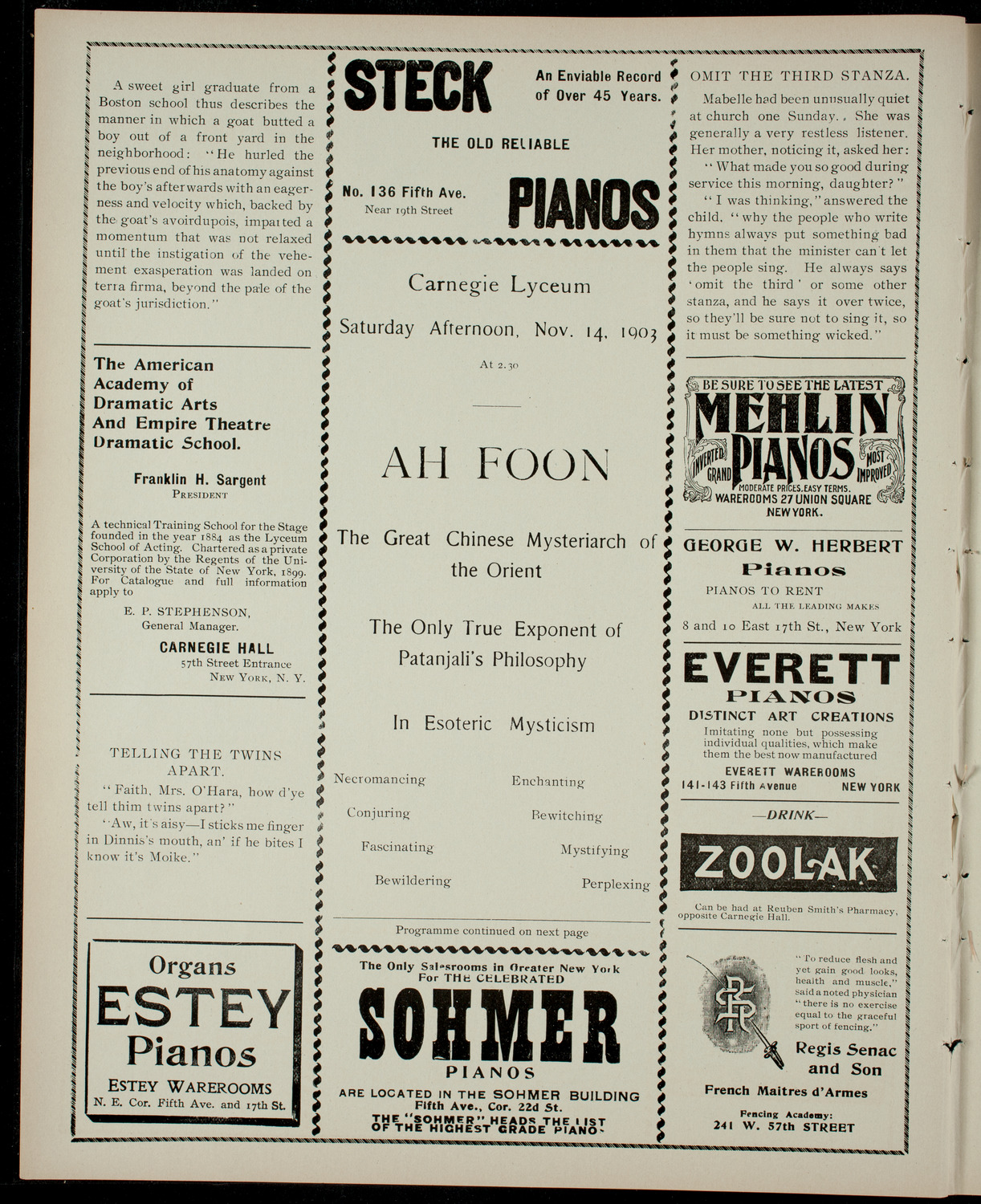 Ah Foon, November 14, 1903, program page 2