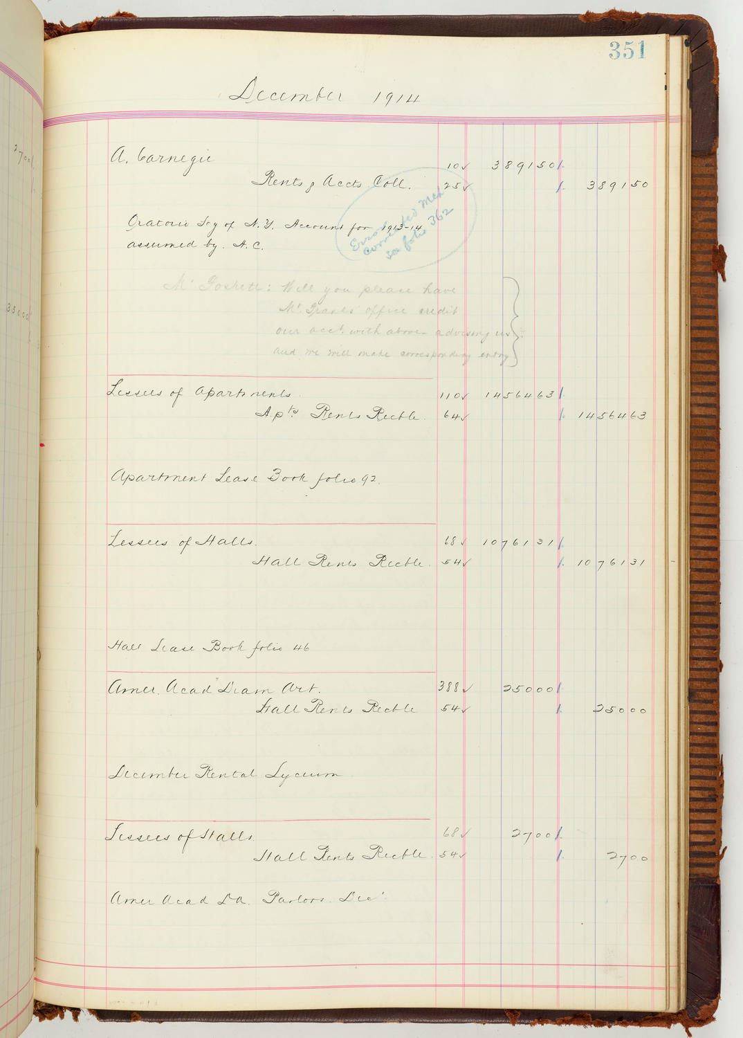 Music Hall Accounting Ledger Journal, volume 7, page 351