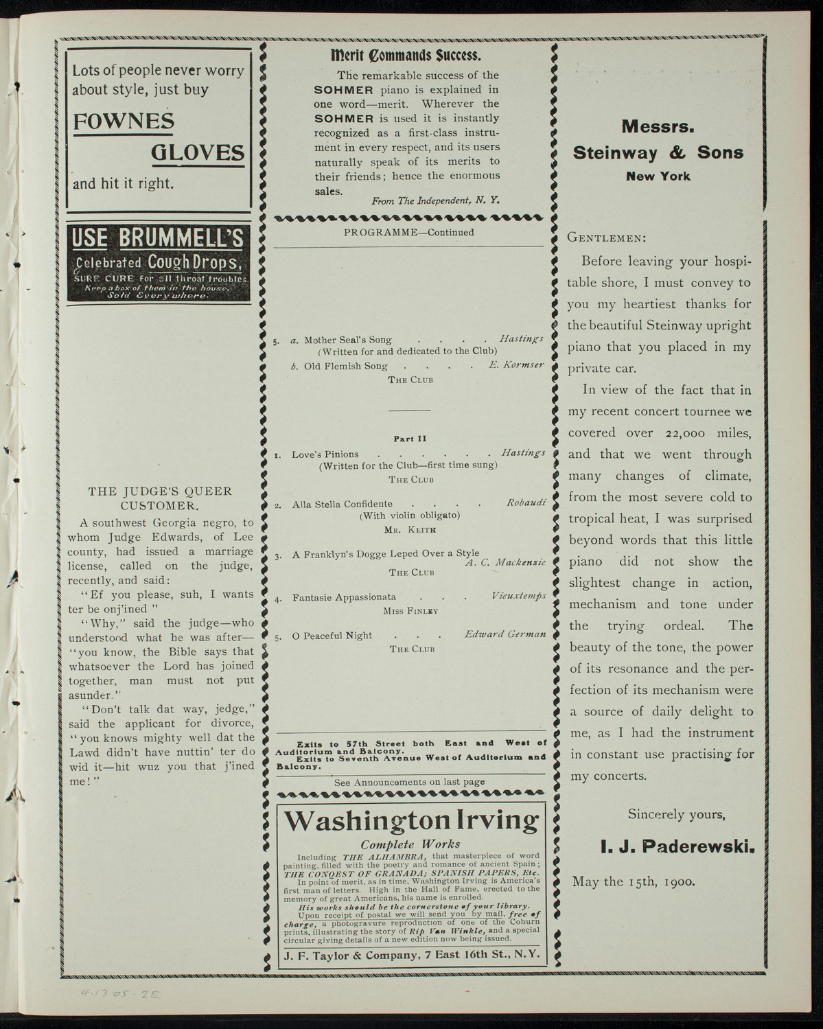 Amateur Glee Club of New York, April 13, 1905, program page 3