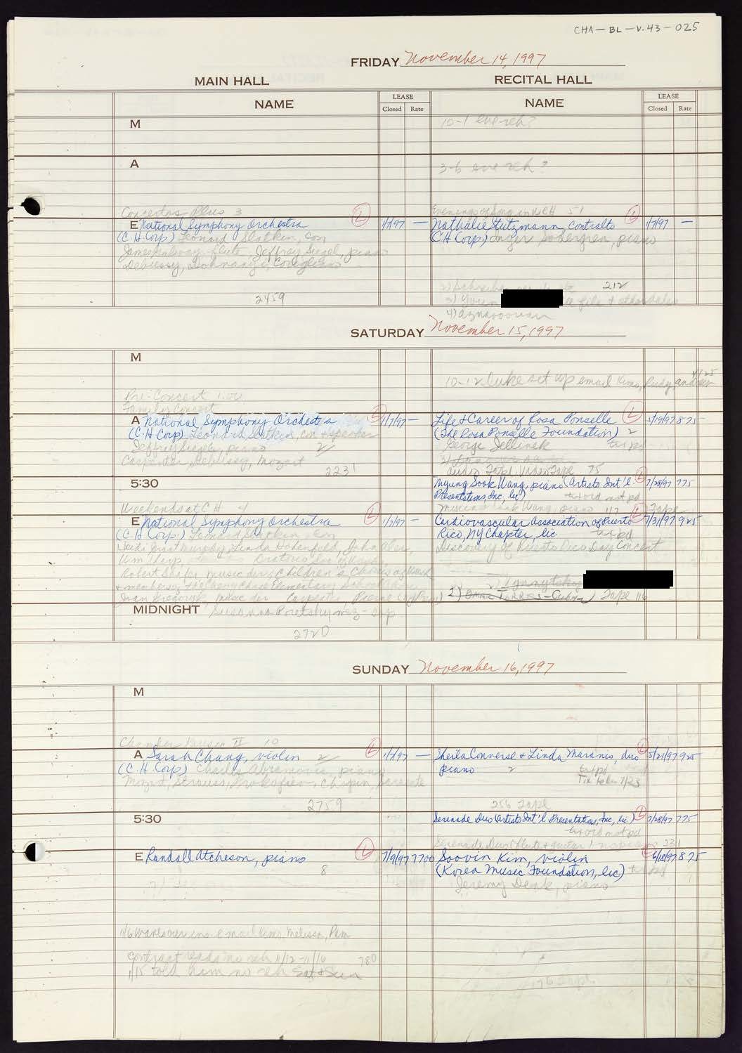 Carnegie Hall Booking Ledger, volume 43, page 25