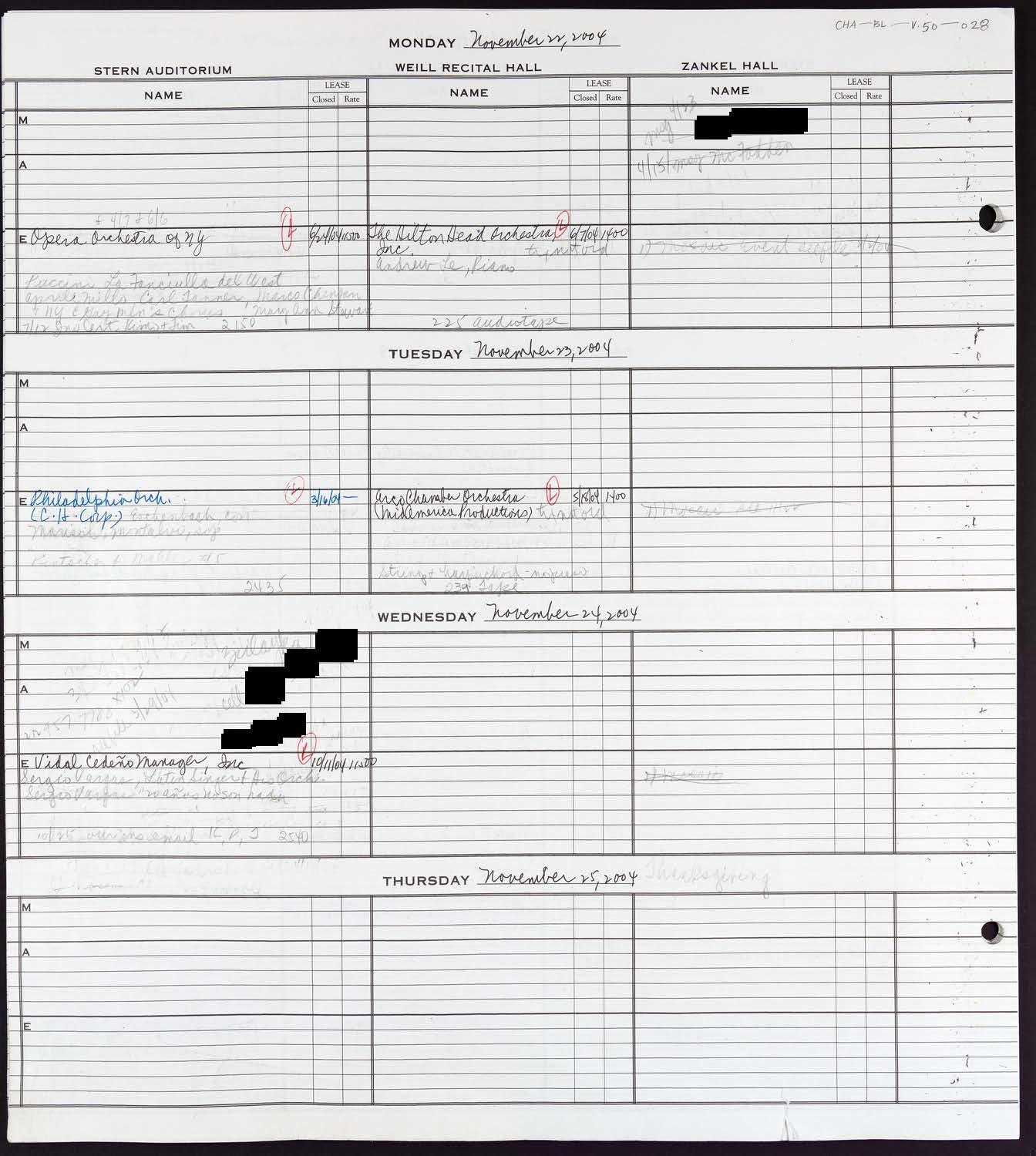 Carnegie Hall Booking Ledger, volume 50, page 28