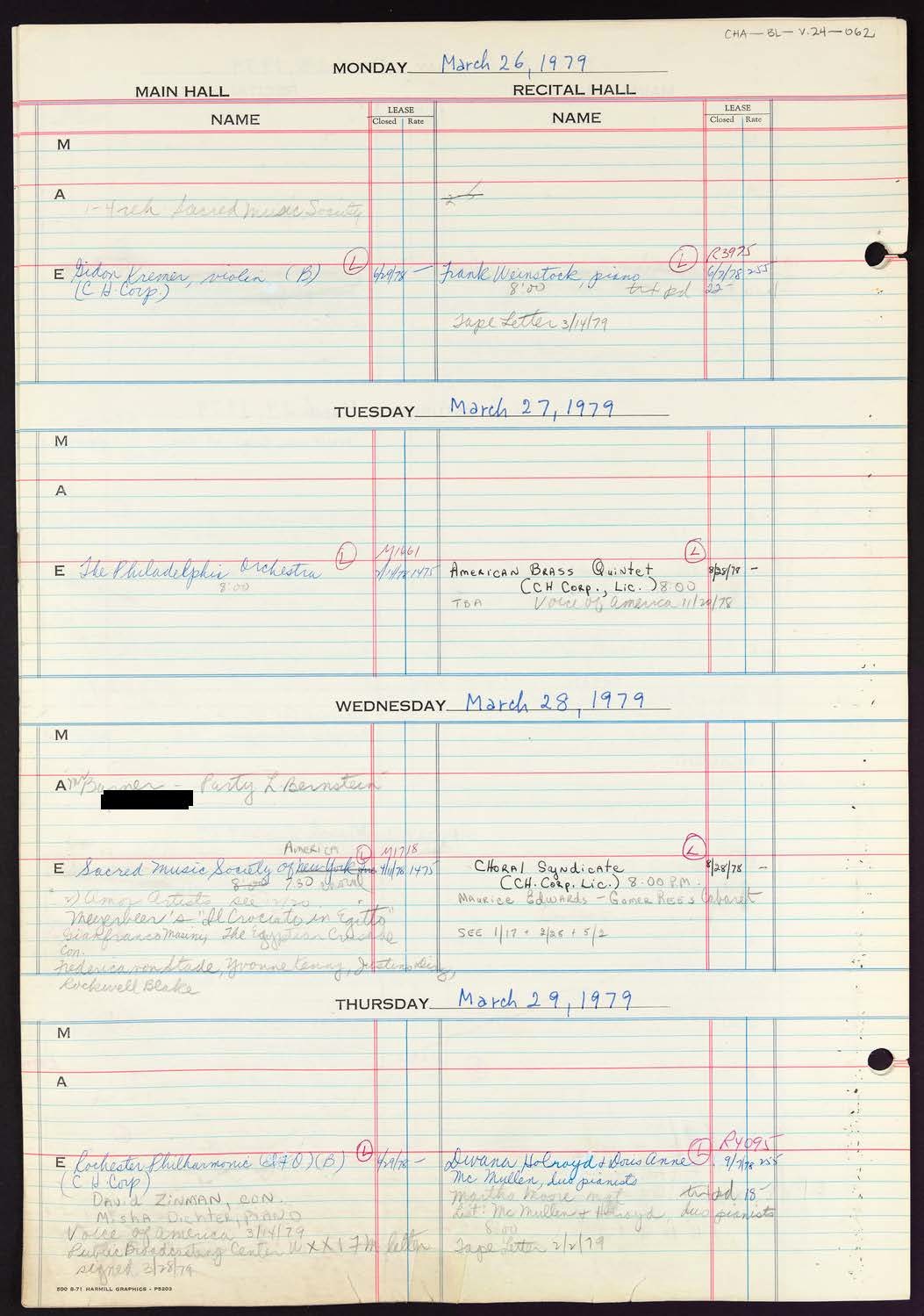 Carnegie Hall Booking Ledger, volume 24, page 62