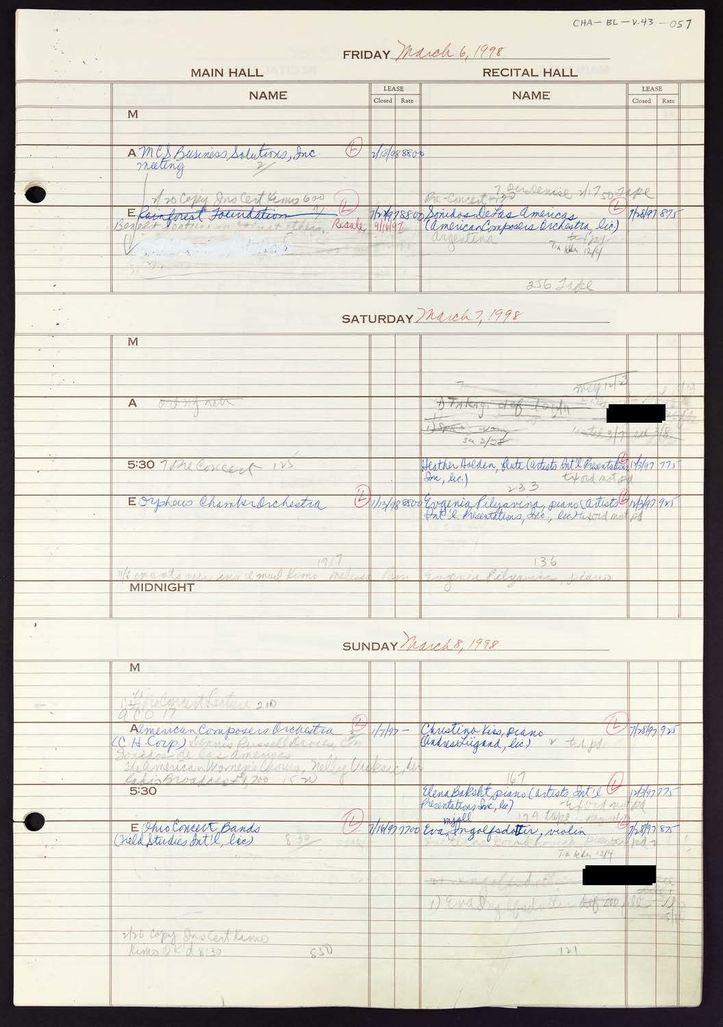 Carnegie Hall Booking Ledger, volume 43, page 57