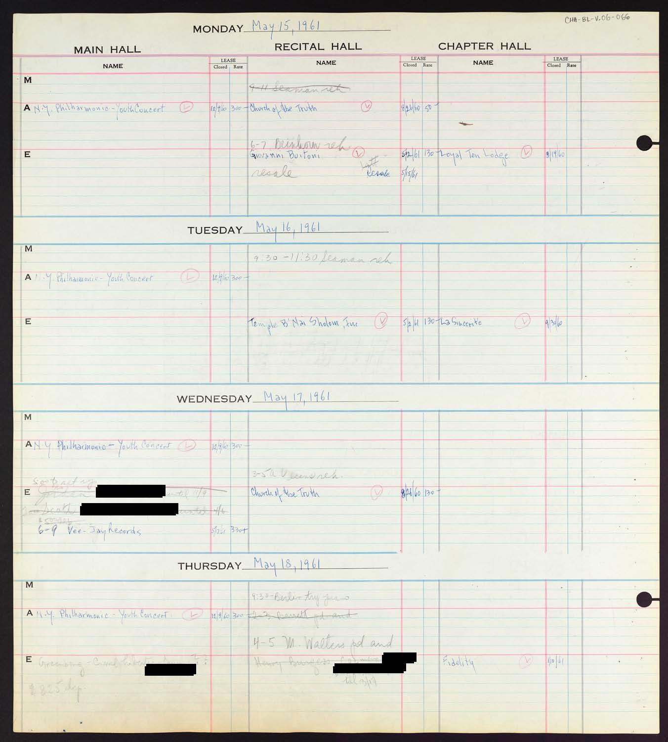 Carnegie Hall Booking Ledger, volume 6, page 66