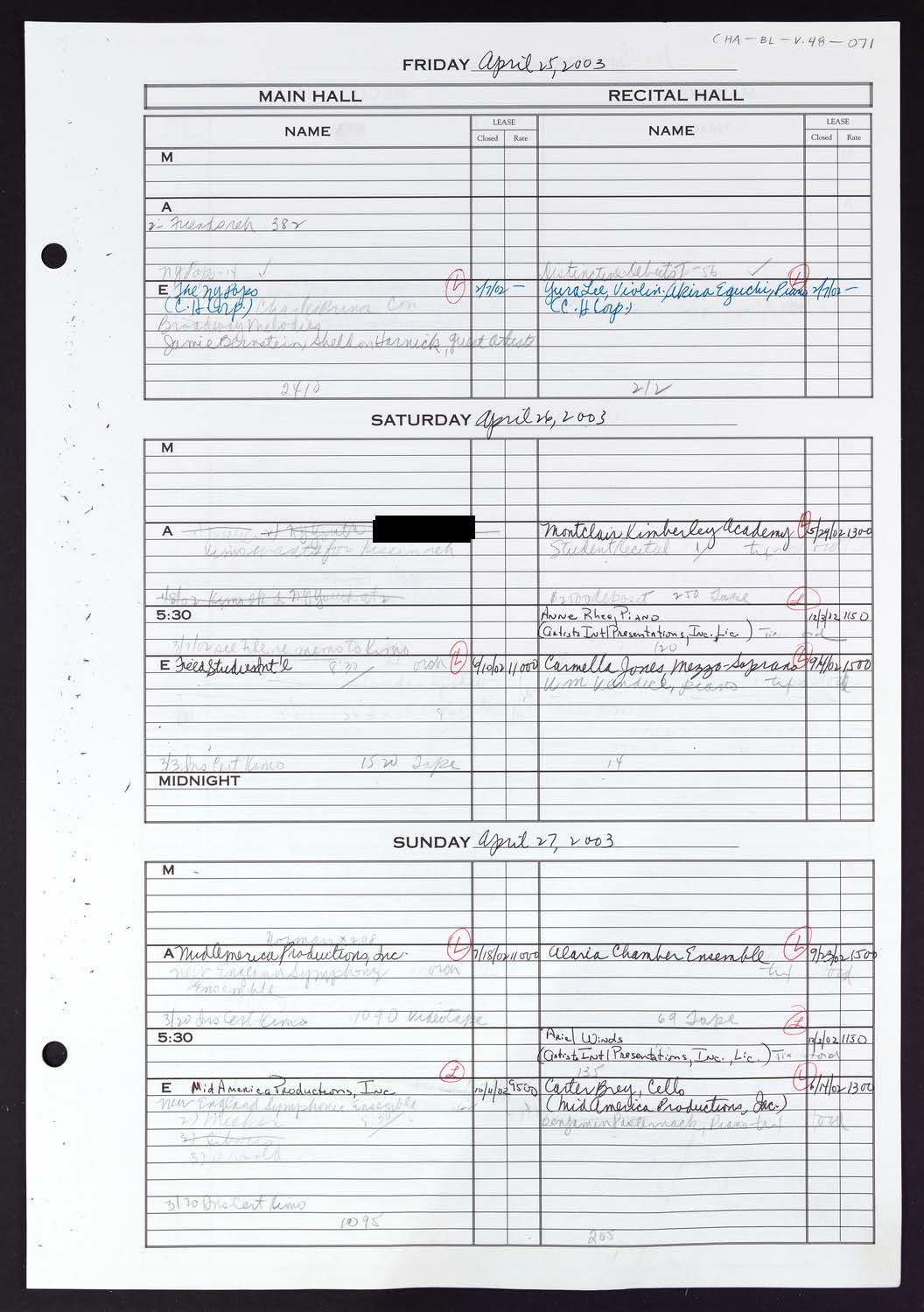 Carnegie Hall Booking Ledger, volume 48, page 71