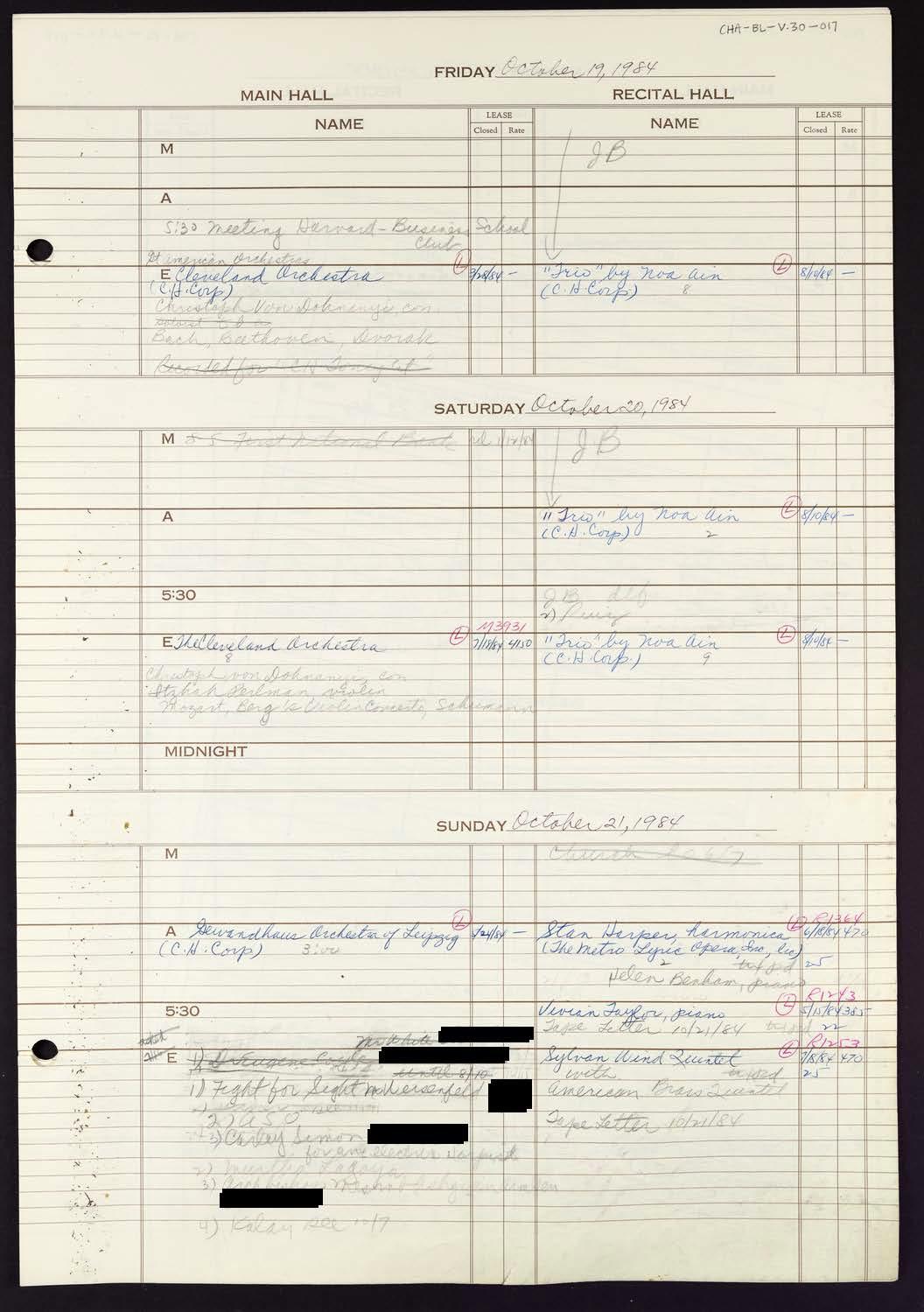 Carnegie Hall Booking Ledger, volume 30, page 17