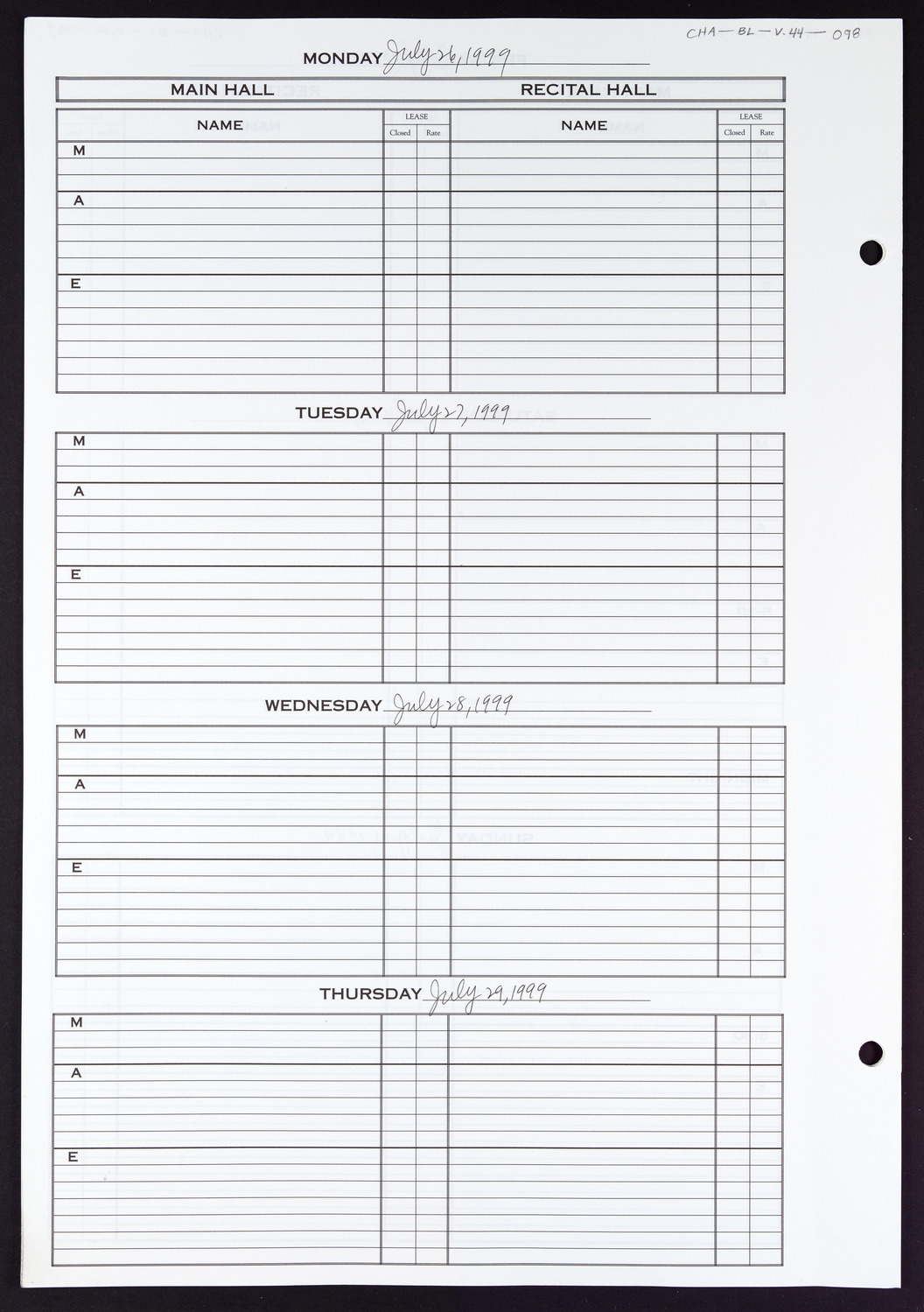 Carnegie Hall Booking Ledger, volume 44, page 98