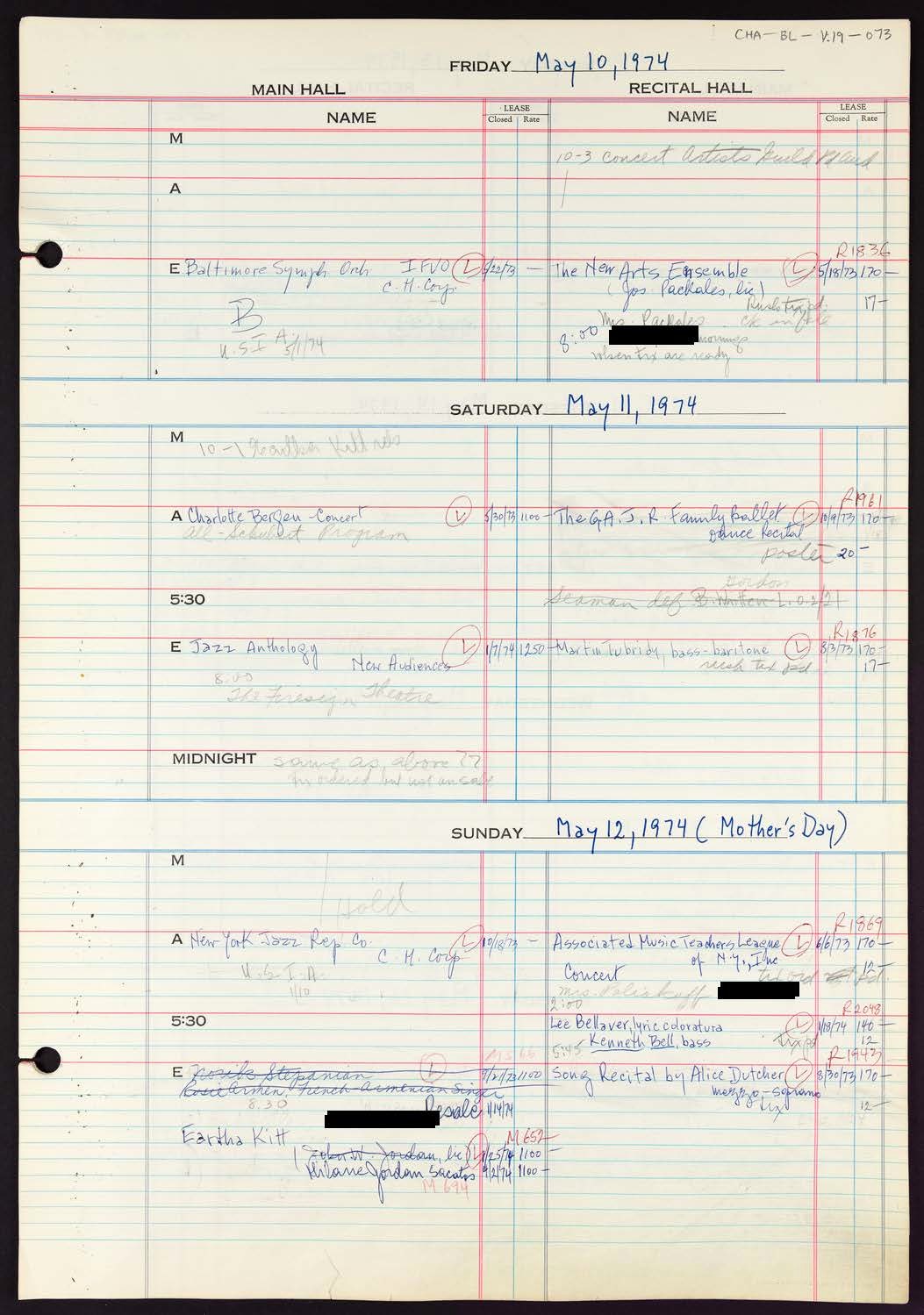 Carnegie Hall Booking Ledger, volume 19, page 73