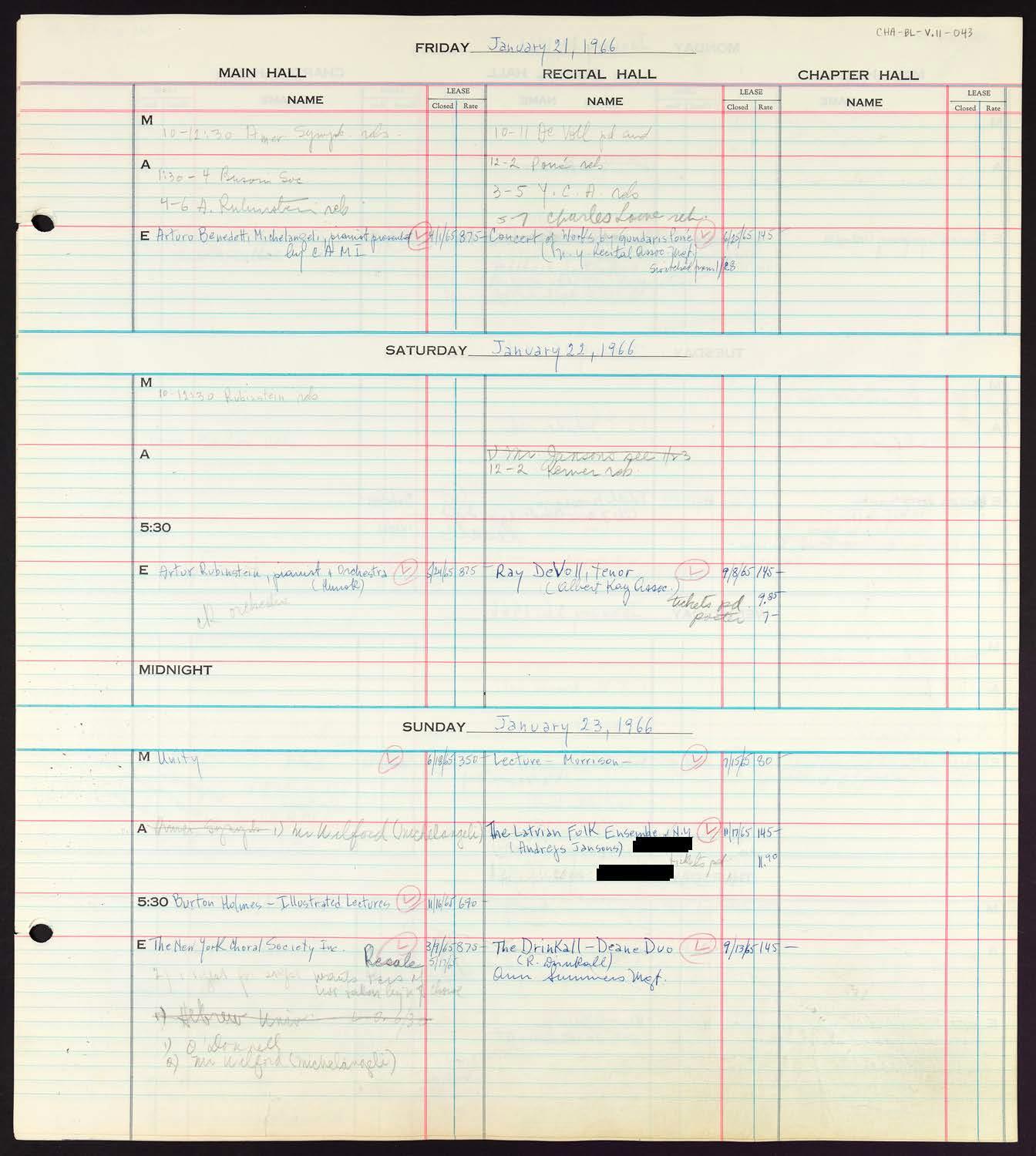 Carnegie Hall Booking Ledger, volume 11, page 43