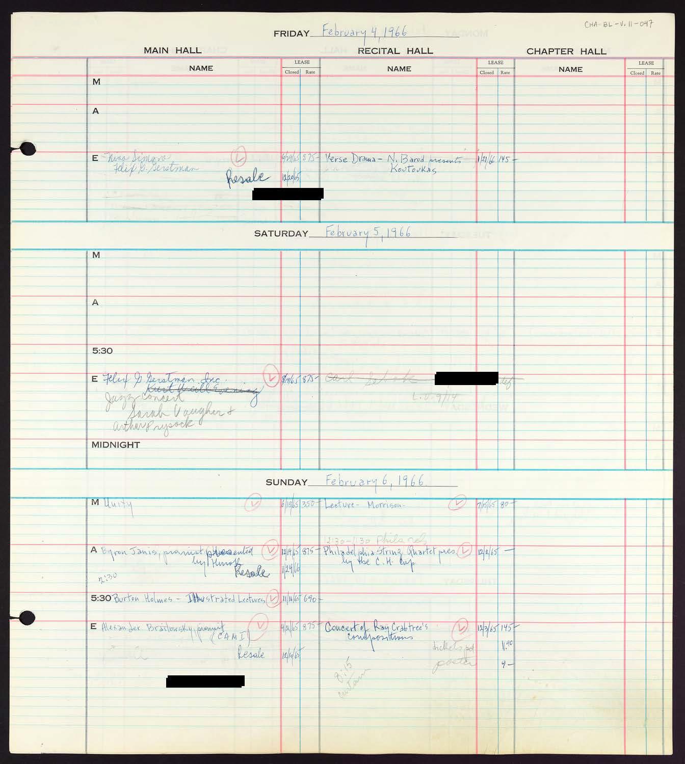 Carnegie Hall Booking Ledger, volume 11, page 47