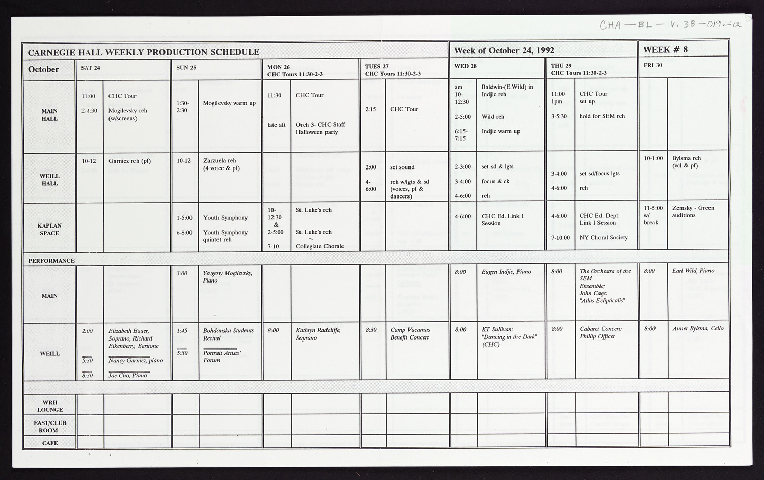 Carnegie Hall Booking Ledger, volume 38, page 19a