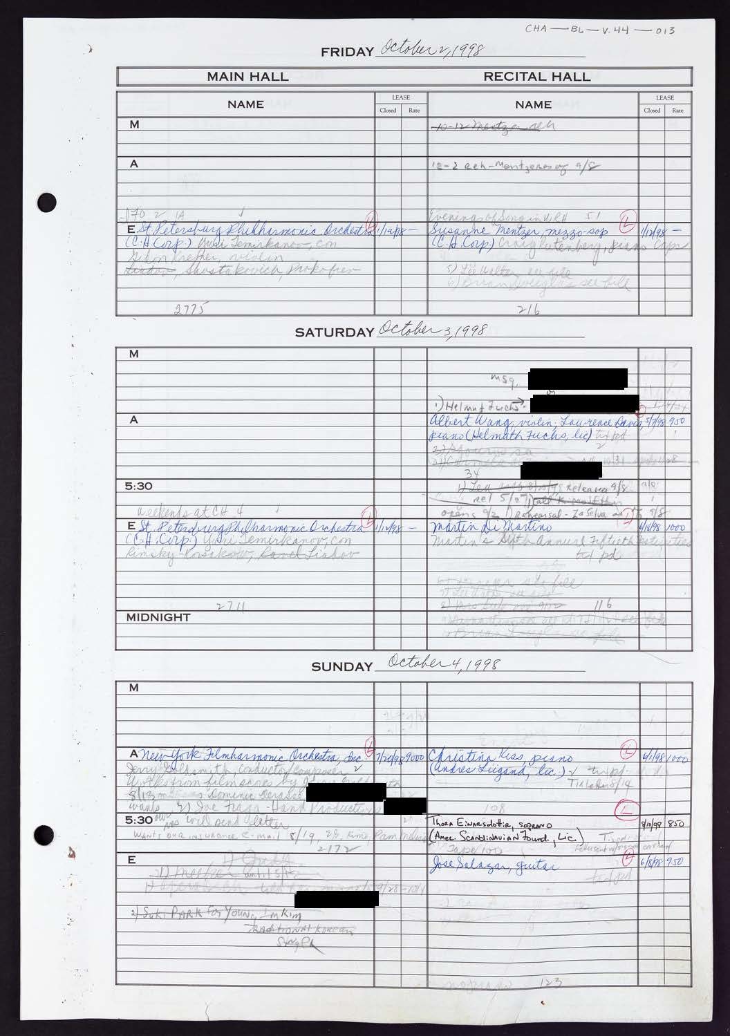 Carnegie Hall Booking Ledger, volume 44, page 13