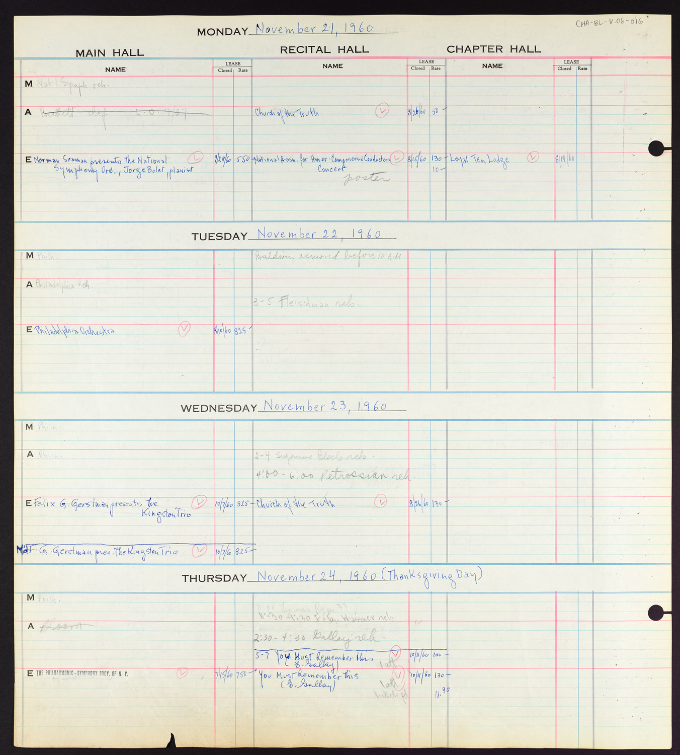 Carnegie Hall Booking Ledger, volume 6, page 16