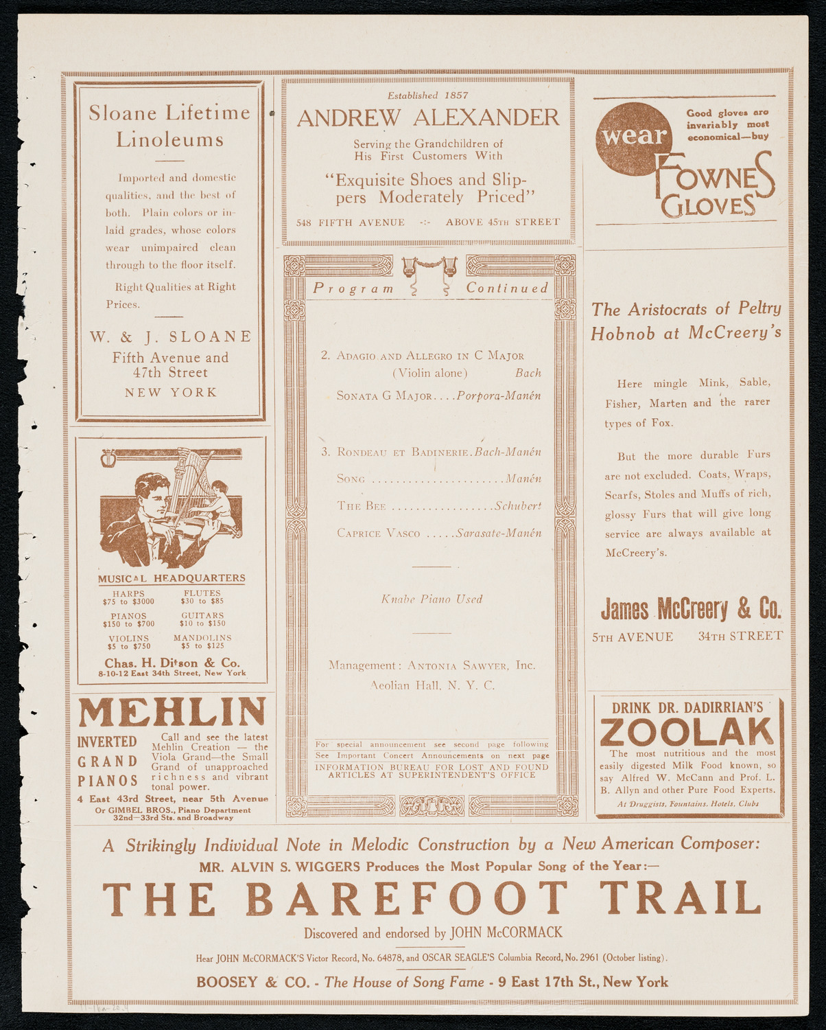 Joan Manén, Violin, November 16, 1920, program page 7