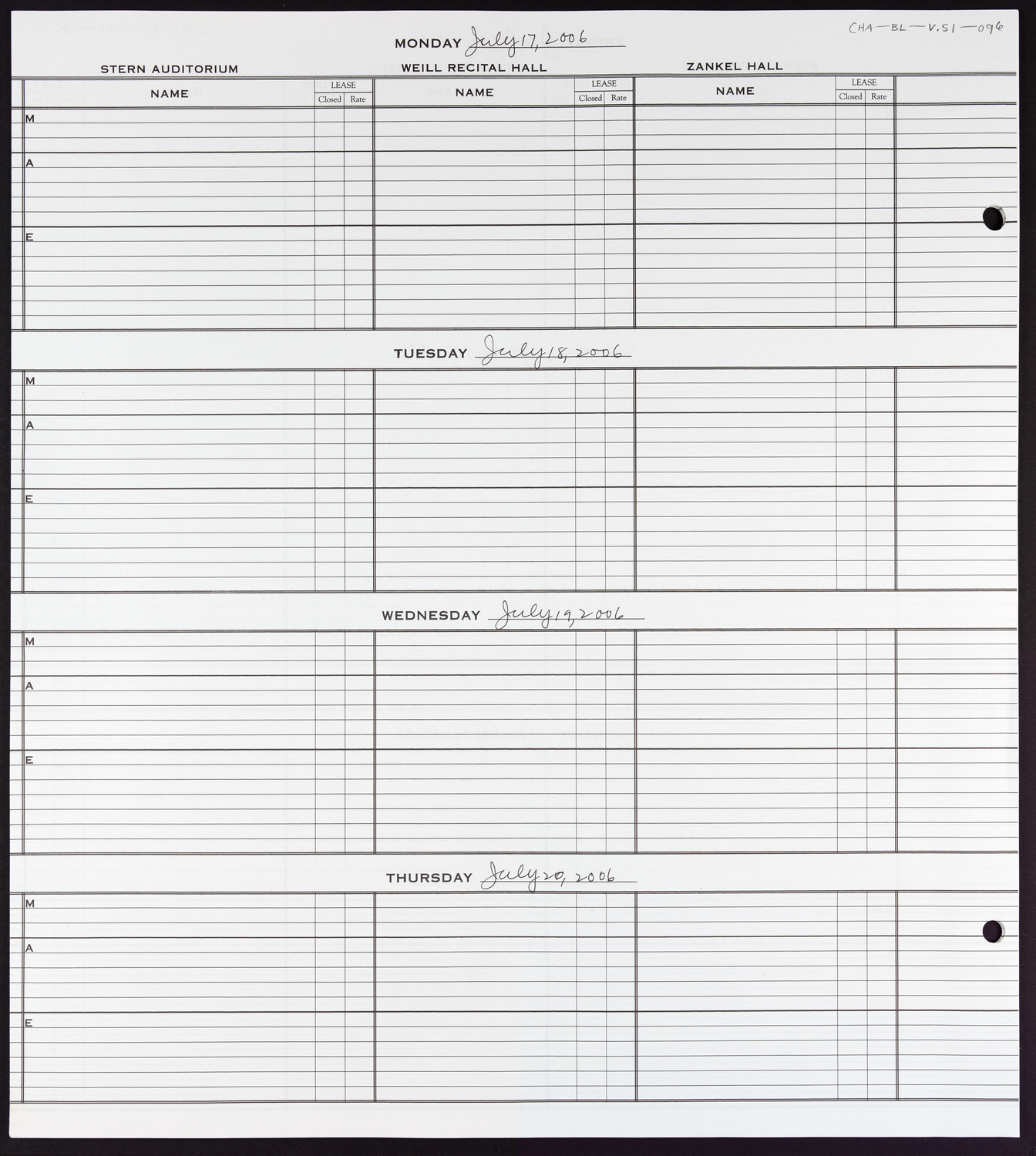 Carnegie Hall Booking Ledger, volume 51, page 96