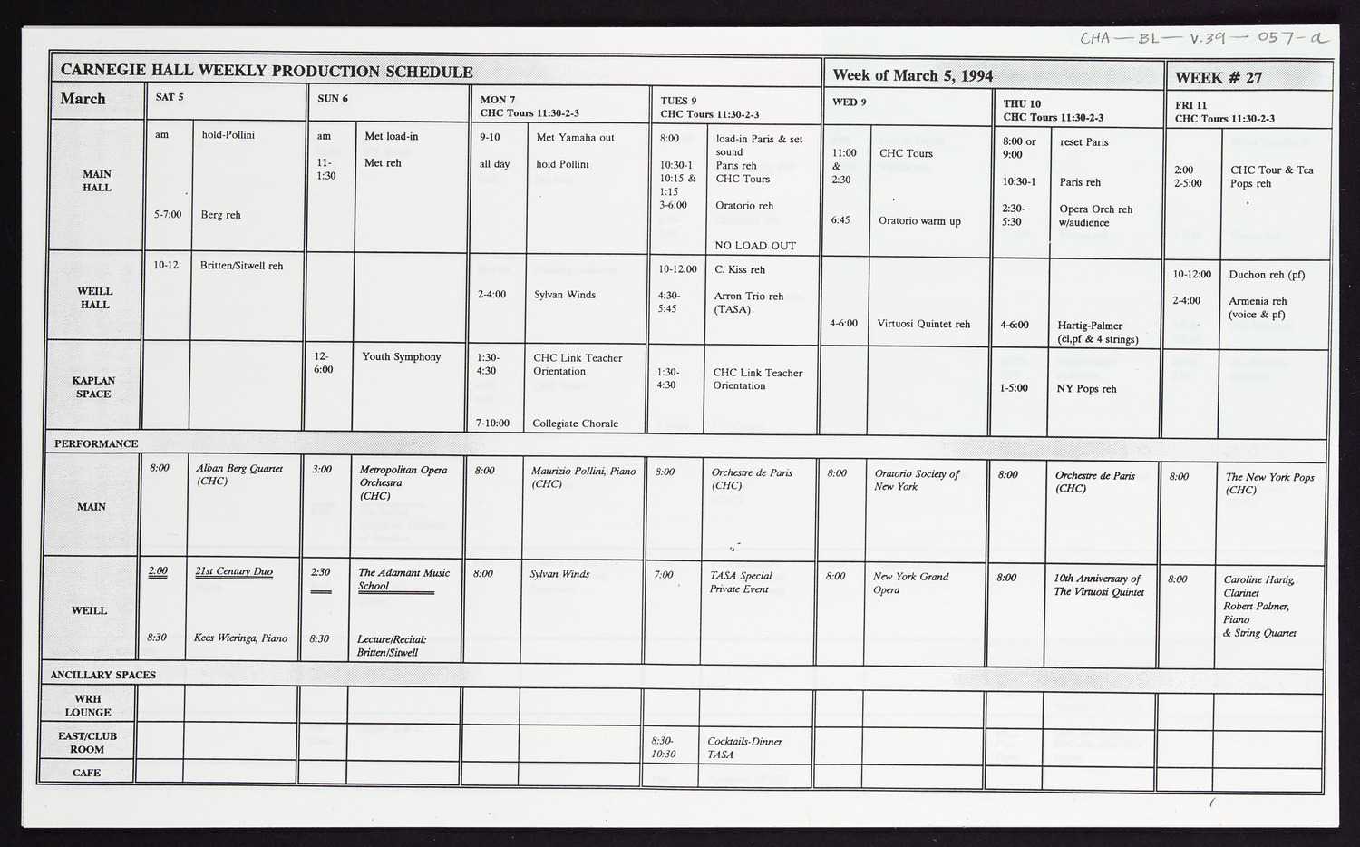 Carnegie Hall Booking Ledger, volume 39, page 57a