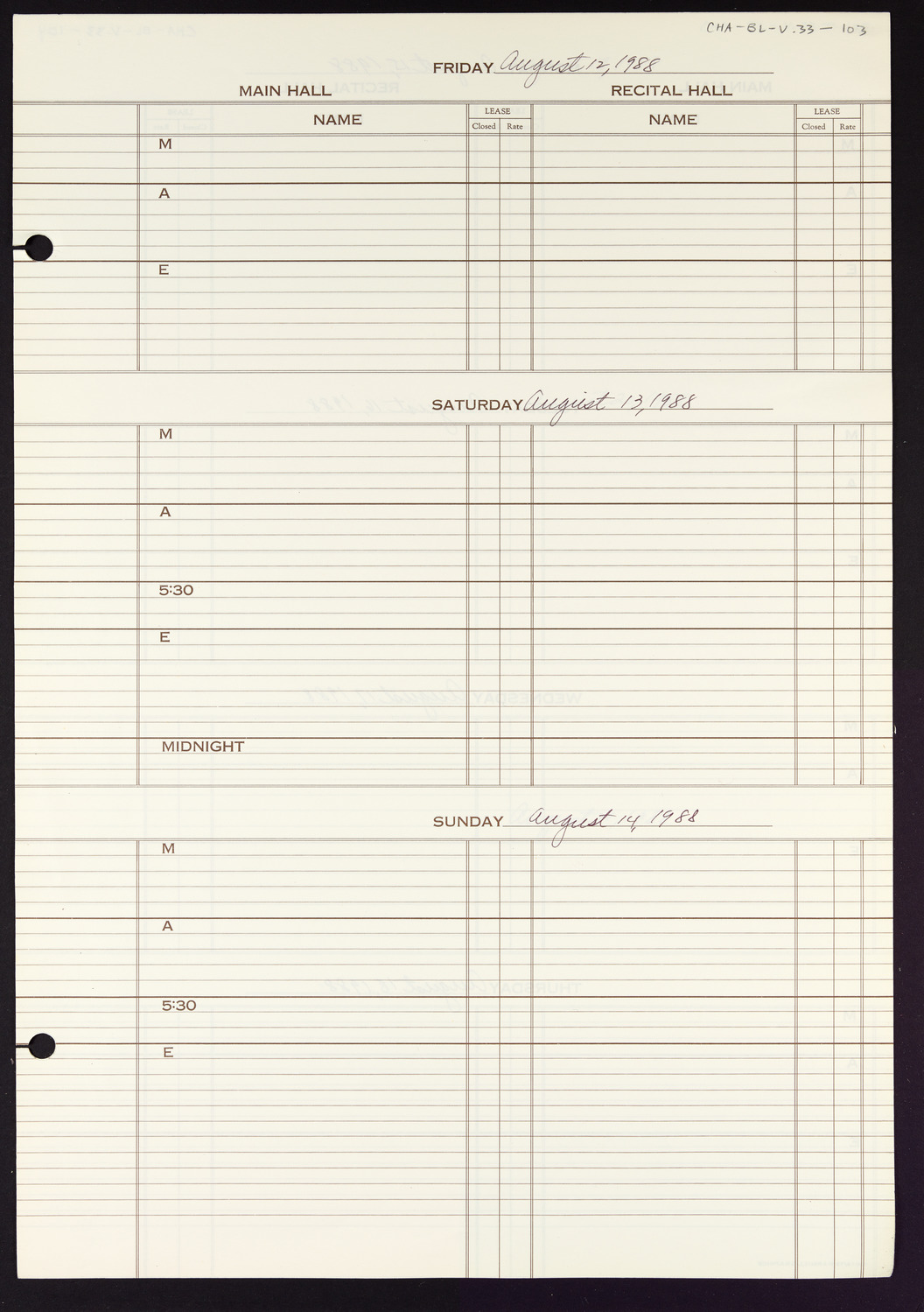 Carnegie Hall Booking Ledger, volume 33, page 103