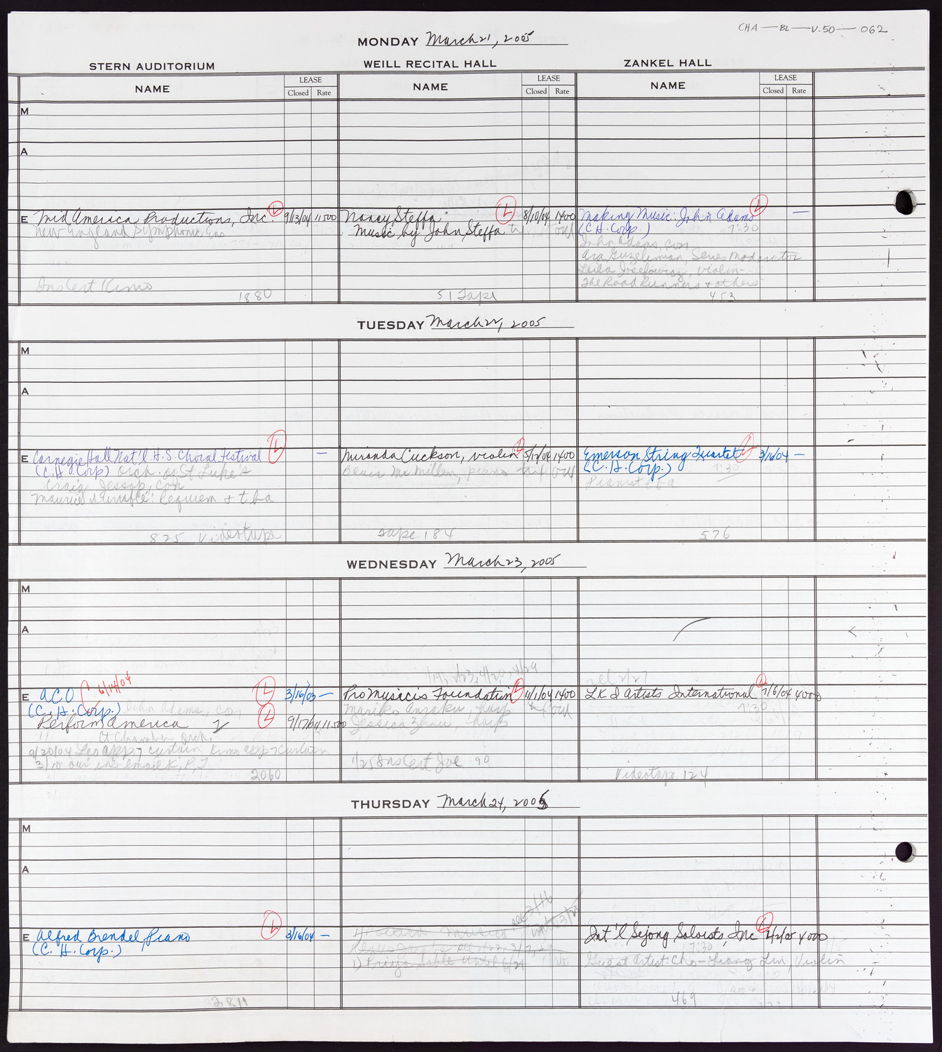 Carnegie Hall Booking Ledger, volume 50, page 62