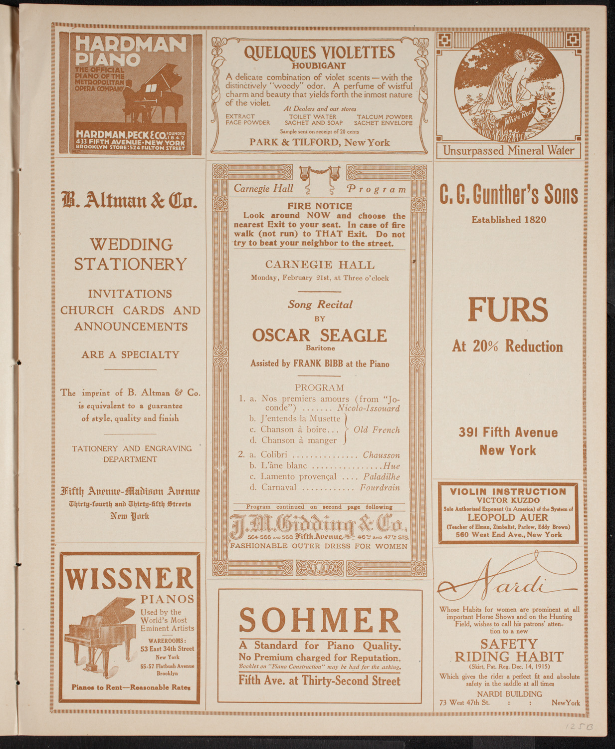 Oscar Seagle, Tenor, February 21, 1916, program page 5