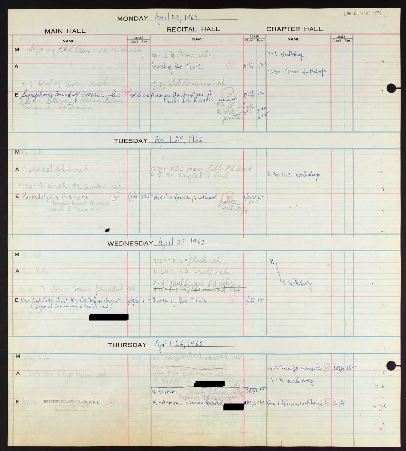 Carnegie Hall Booking Ledger, volume 7, page 72