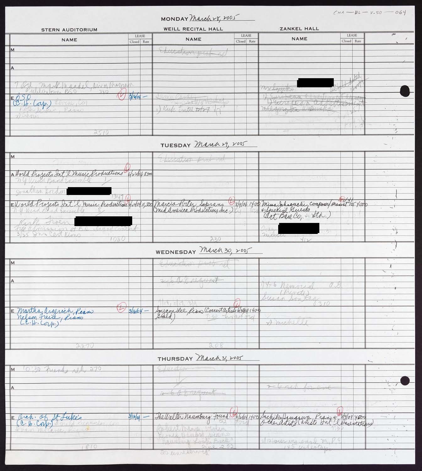 Carnegie Hall Booking Ledger, volume 50, page 64