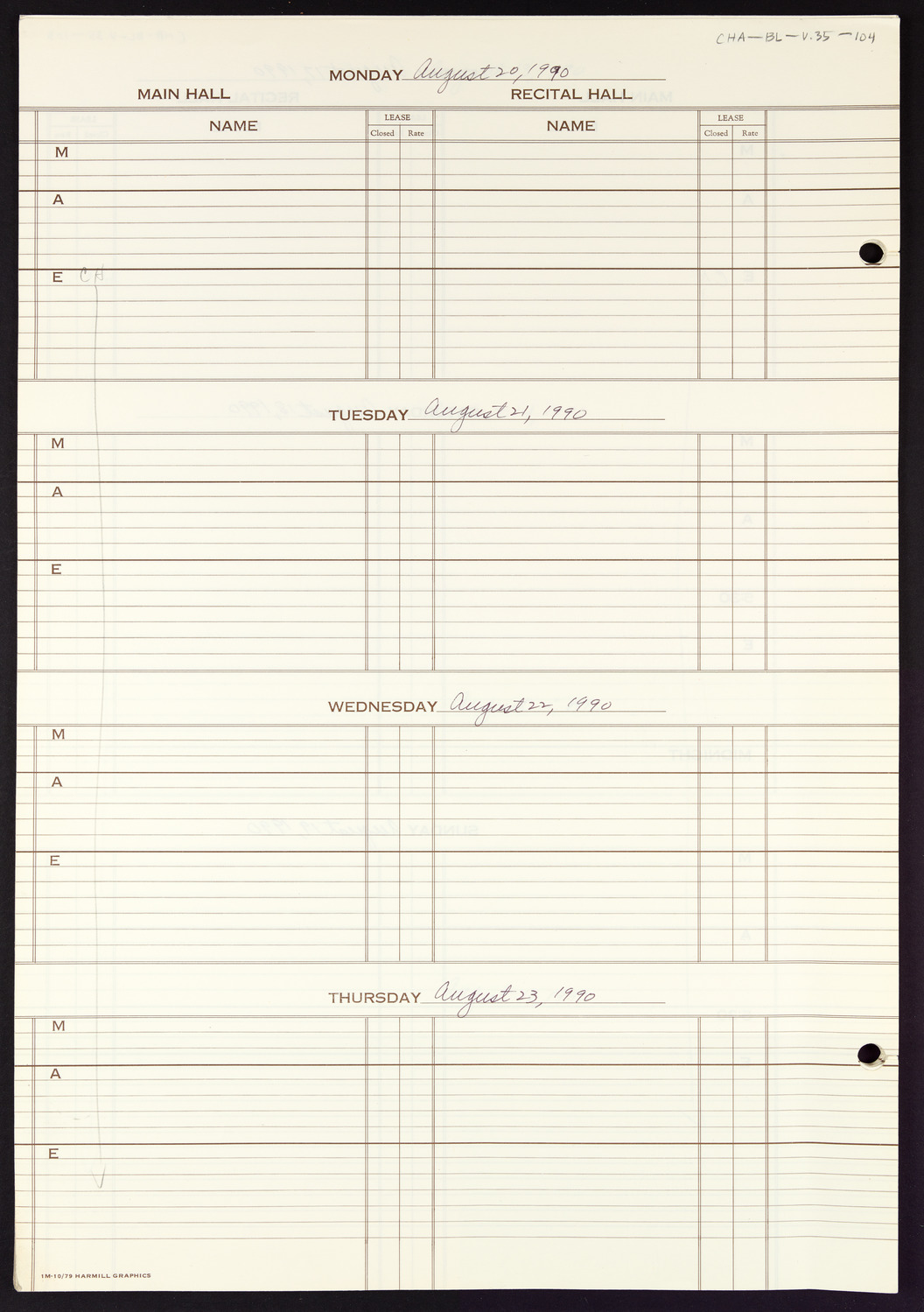 Carnegie Hall Booking Ledger, volume 35, page 104