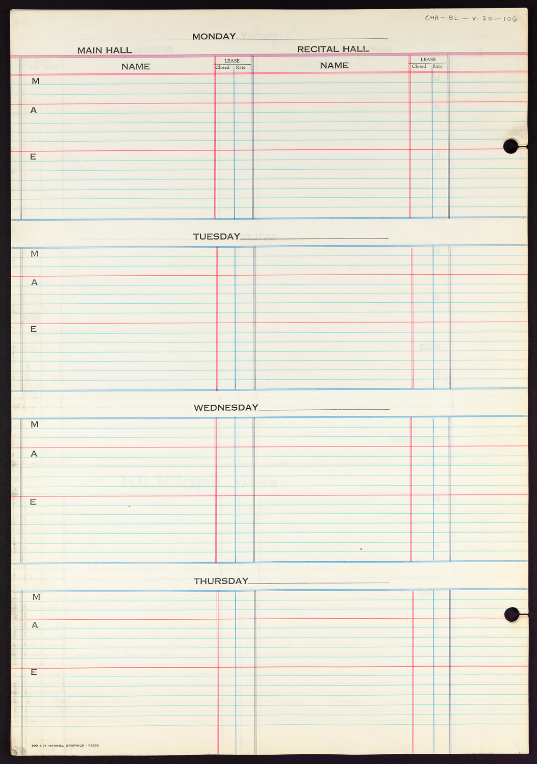 Carnegie Hall Booking Ledger, volume 20, page 106