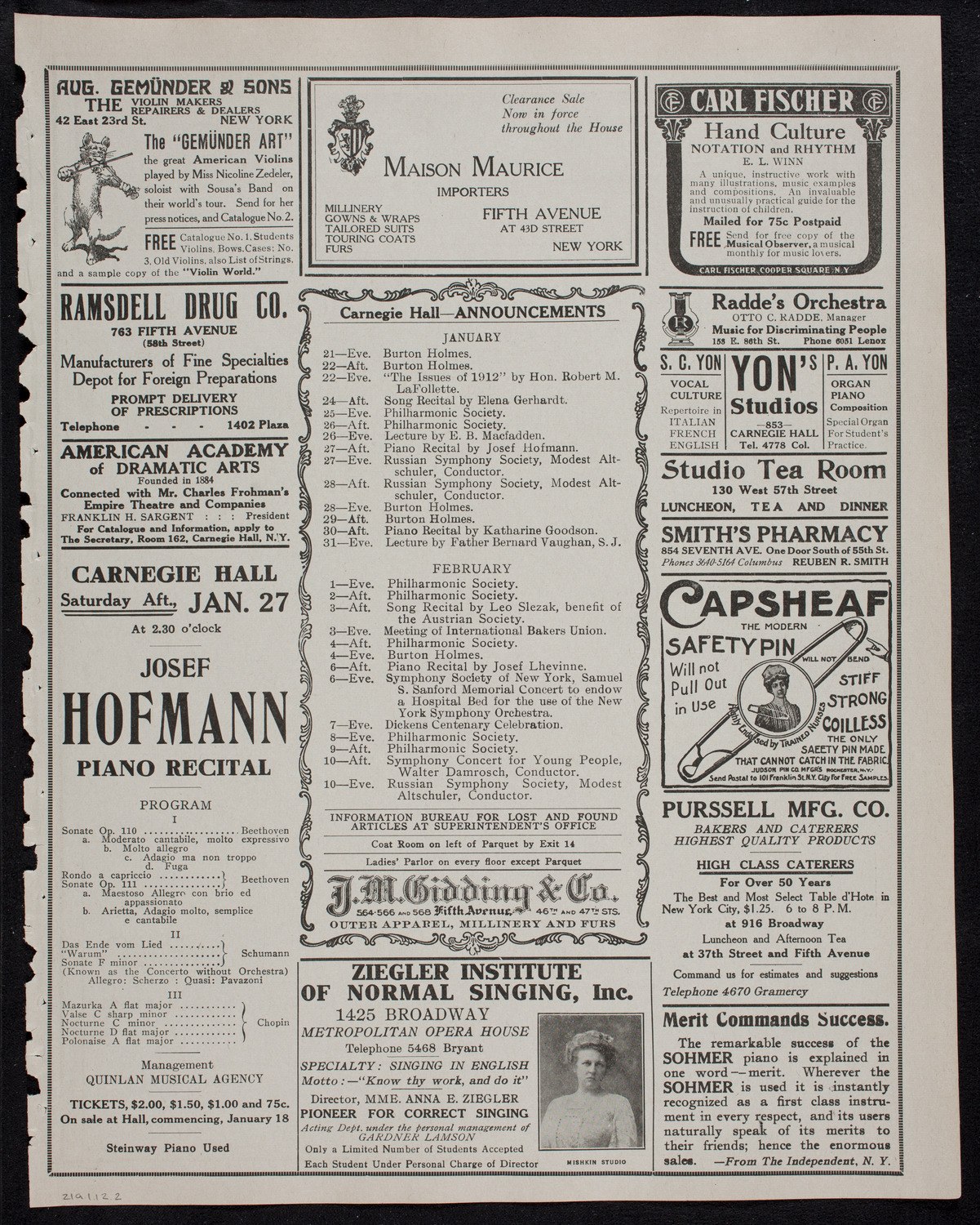 New York Philharmonic, January 21, 1912, program page 3