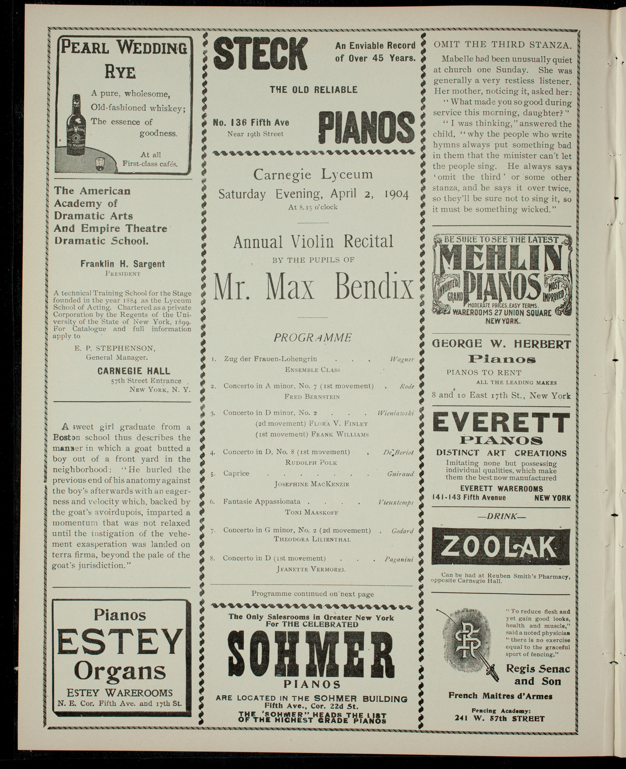 Student Violin Recital by Pupils of Max Bendix, April 2, 1904, program page 2