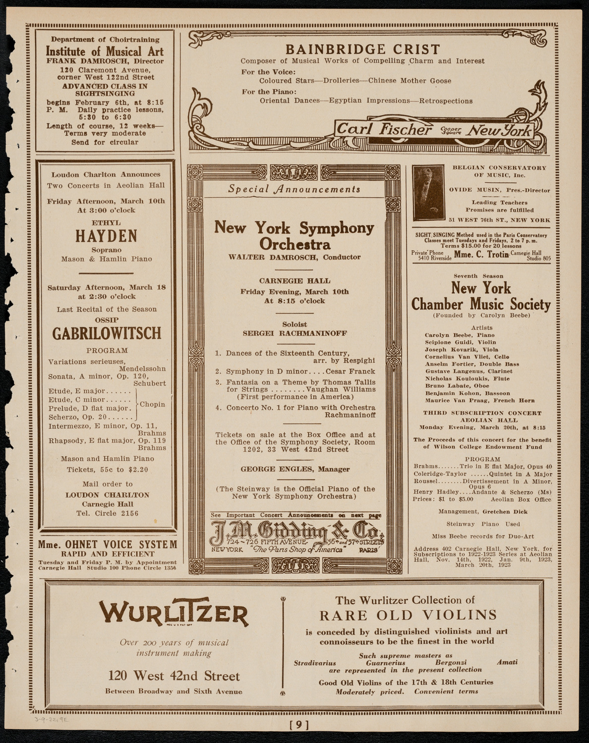 New York Philharmonic, March 9, 1922, program page 9
