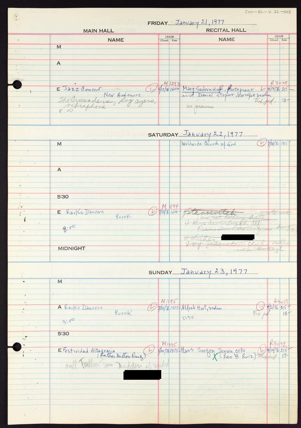 Carnegie Hall Booking Ledger, volume 22, page 43