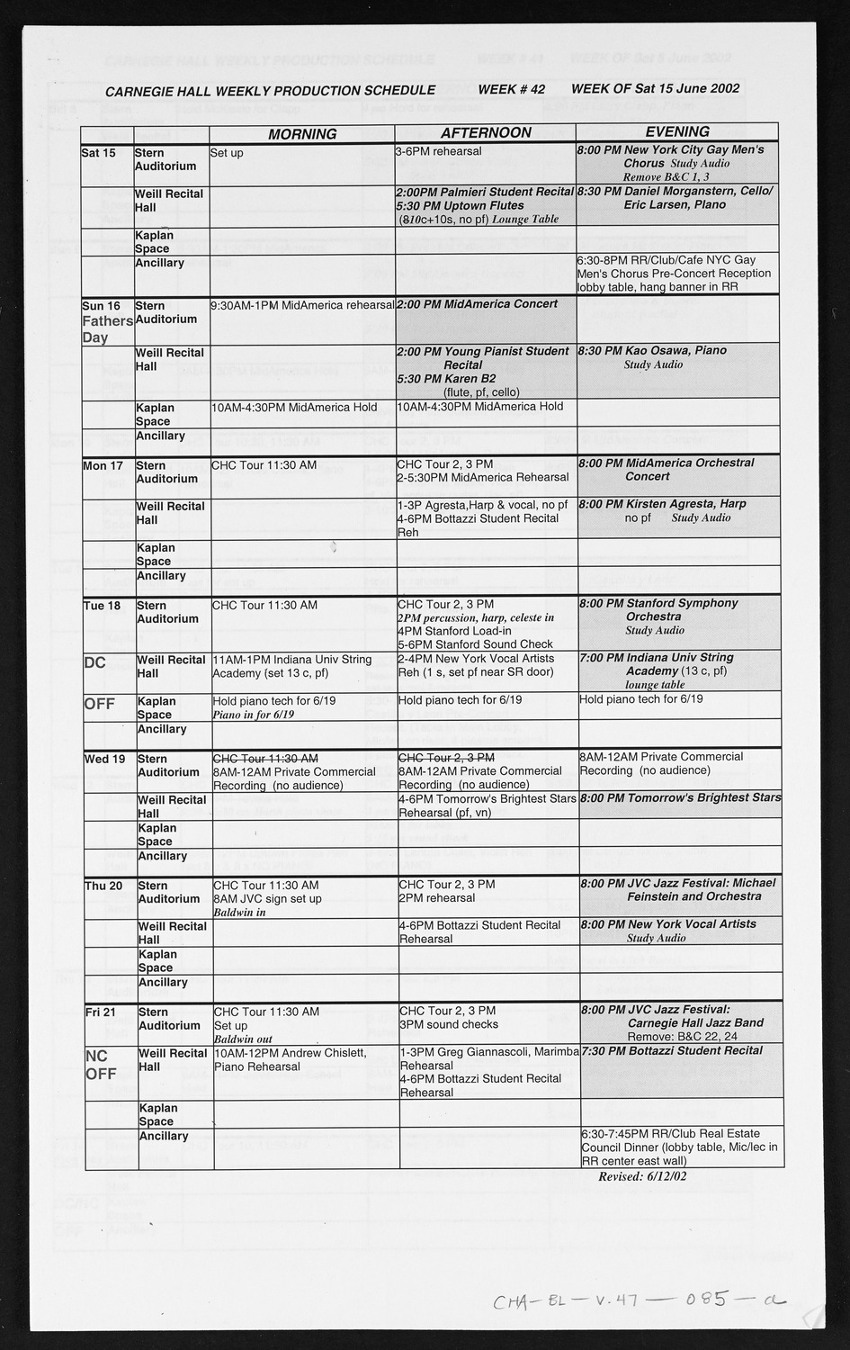 Carnegie Hall Booking Ledger, volume 47, page 85a