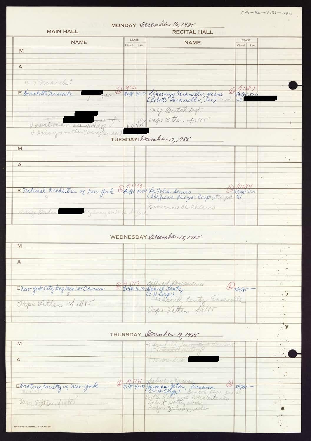 Carnegie Hall Booking Ledger, volume 31, page 32