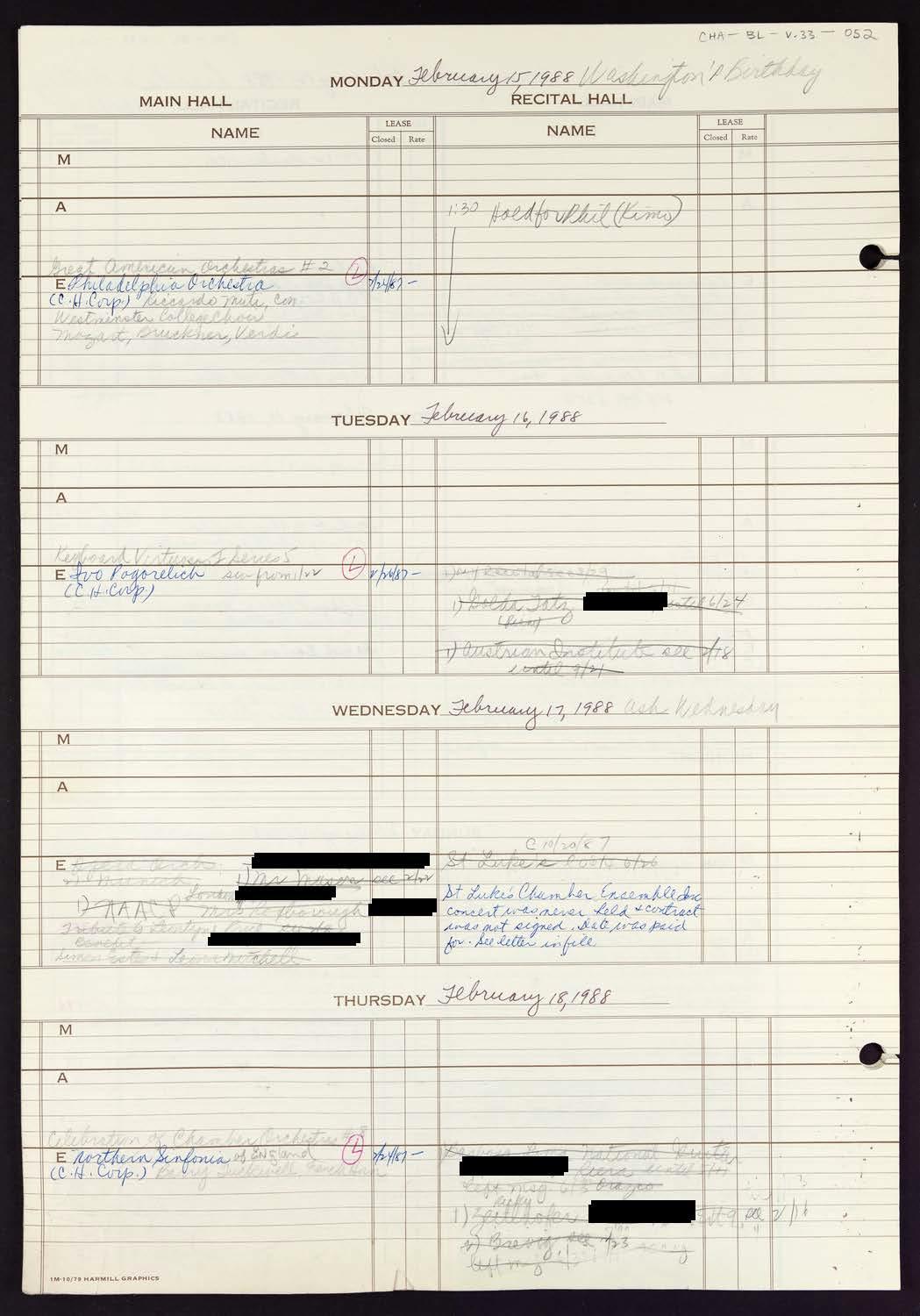 Carnegie Hall Booking Ledger, volume 33, page 52