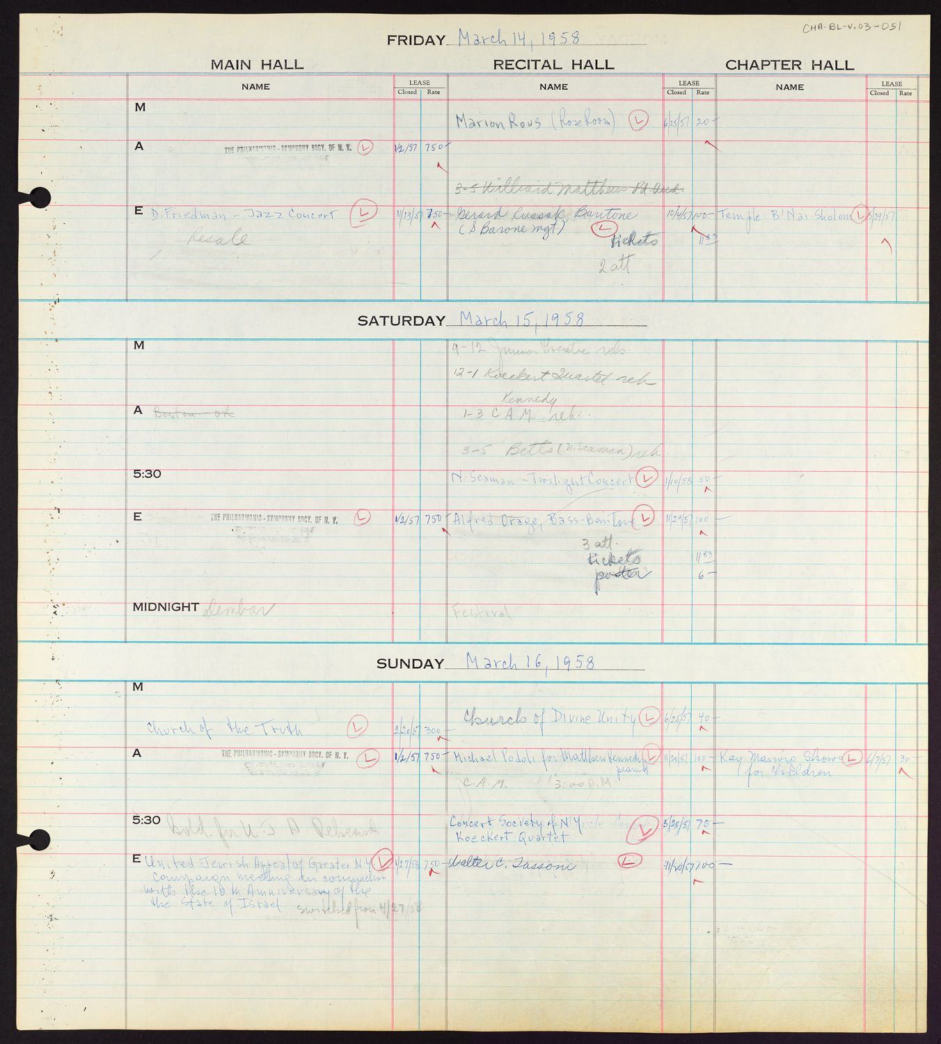 Carnegie Hall Booking Ledger, volume 3, page 51