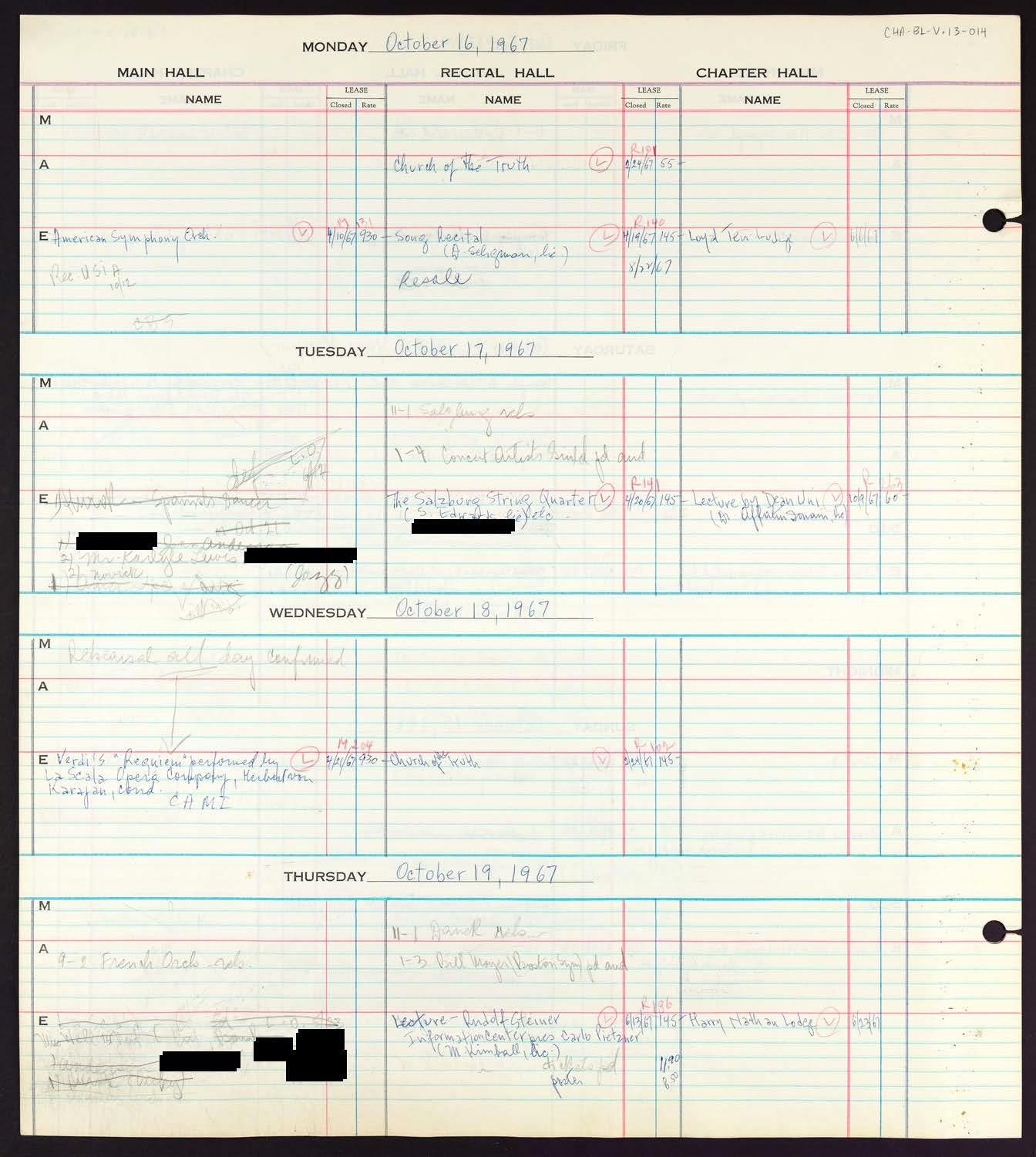 Carnegie Hall Booking Ledger, volume 13, page 14