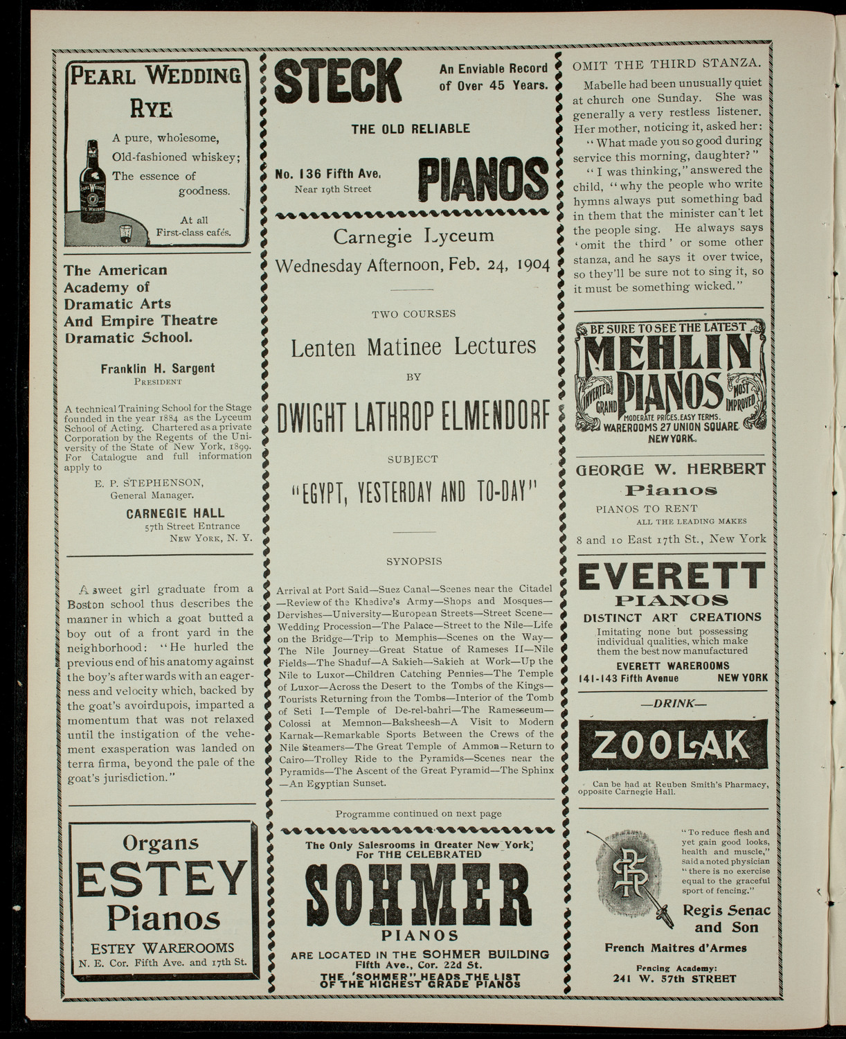 Elmendorf Lecture: Egypt, Yesterday and To-Day, February 24, 1904, program page 2