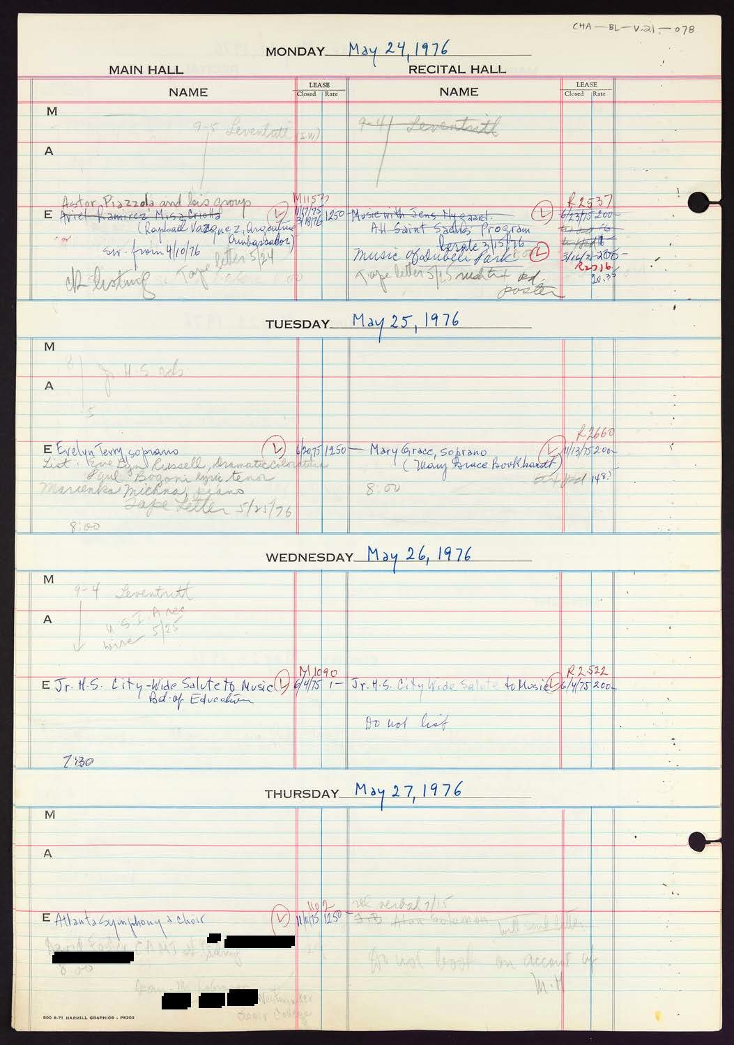 Carnegie Hall Booking Ledger, volume 21, page 78