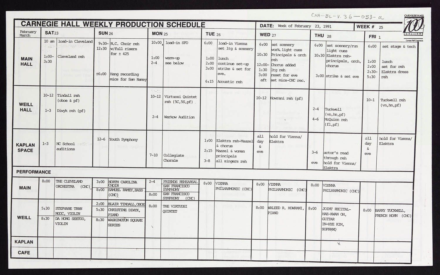 Carnegie Hall Booking Ledger, volume 36, page 53a