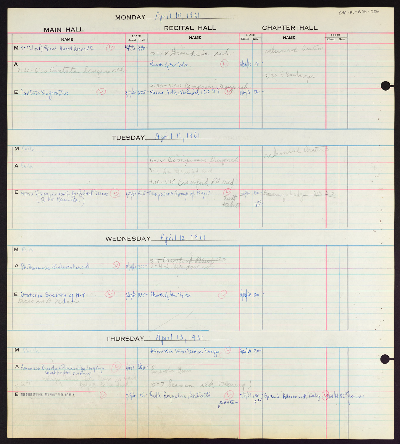 Carnegie Hall Booking Ledger, volume 6, page 56