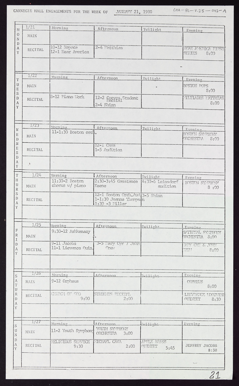 Carnegie Hall Booking Ledger, volume 25, page 42a